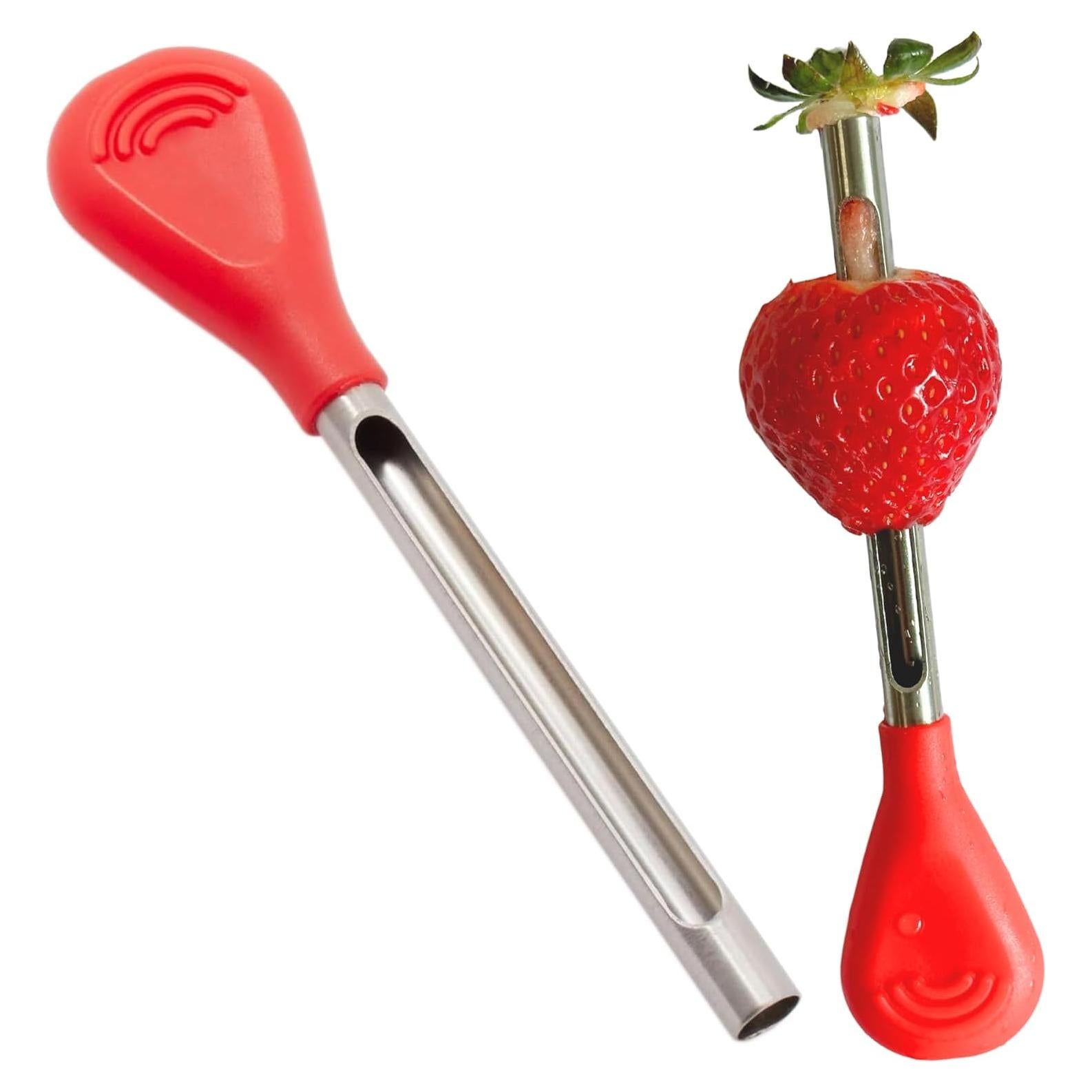 Despalillador y Deshuesador de Fresas Iconikal - 2 Piezas, Acero Inoxidable, Mango Rojo
