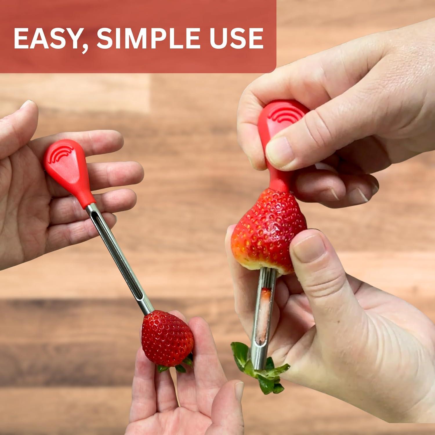 Despalillador y Deshuesador de Fresas Iconikal - 2 Piezas, Acero Inoxidable, Mango Rojo