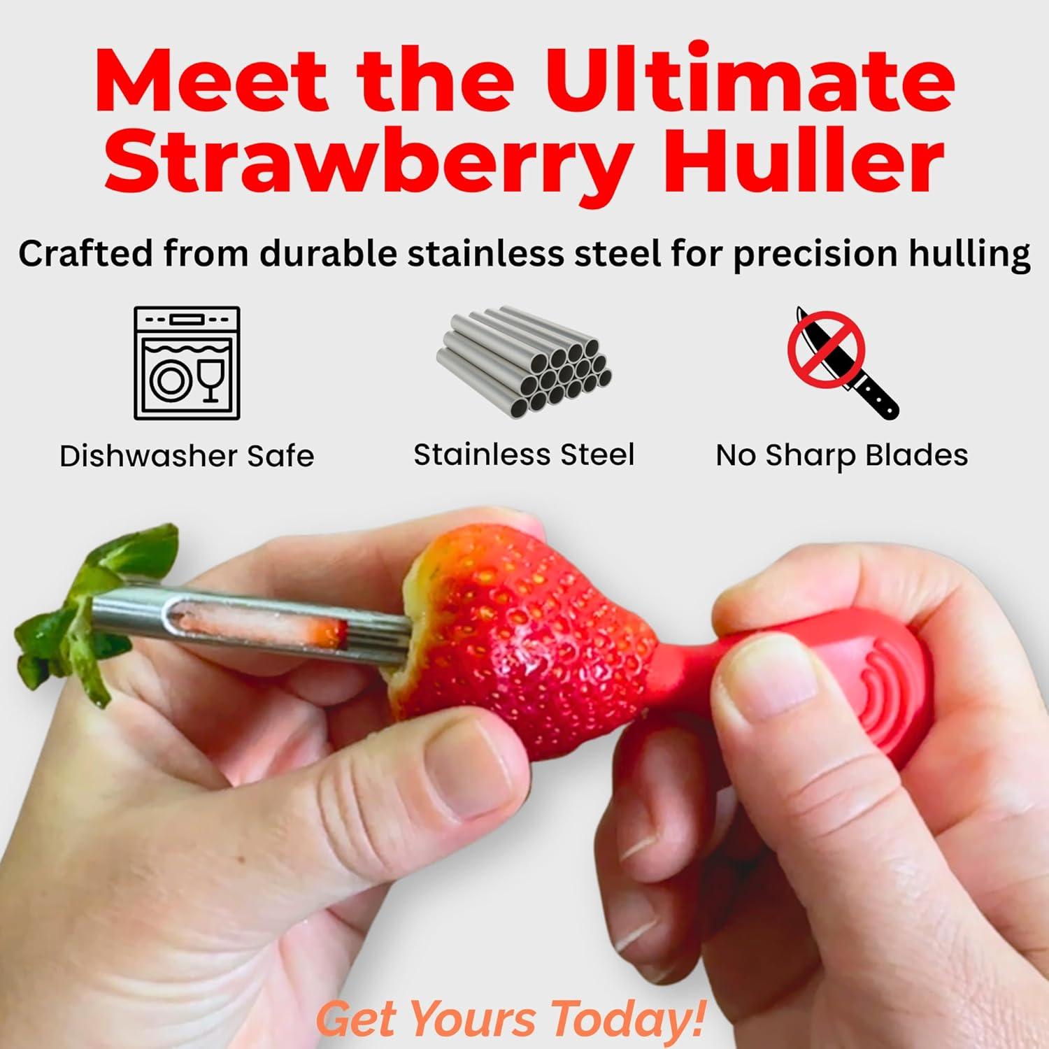 Despalillador y Deshuesador de Fresas Iconikal - 2 Piezas, Acero Inoxidable, Mango Rojo