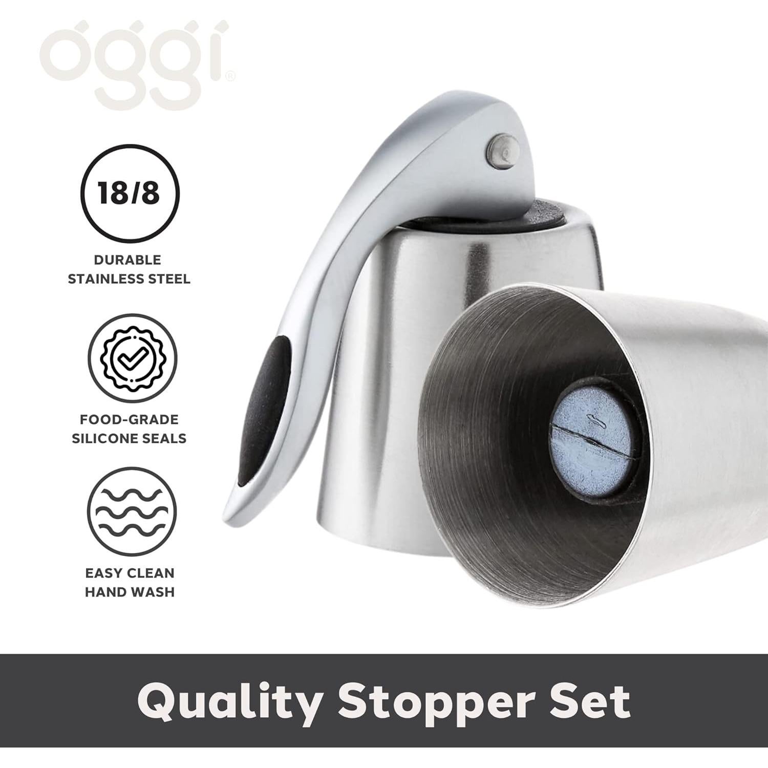 Juego de 2 Tapones de Vino OGGI Acero Inoxidable Hermético