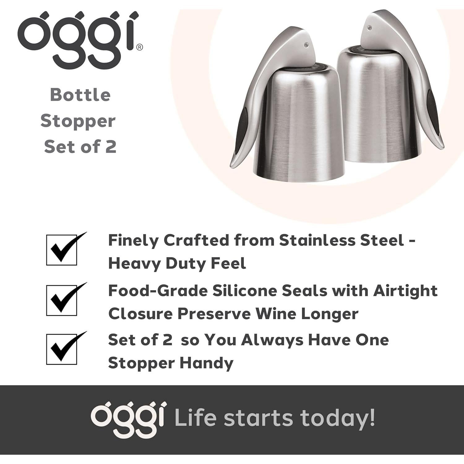 Juego de 2 Tapones de Vino OGGI Acero Inoxidable Hermético