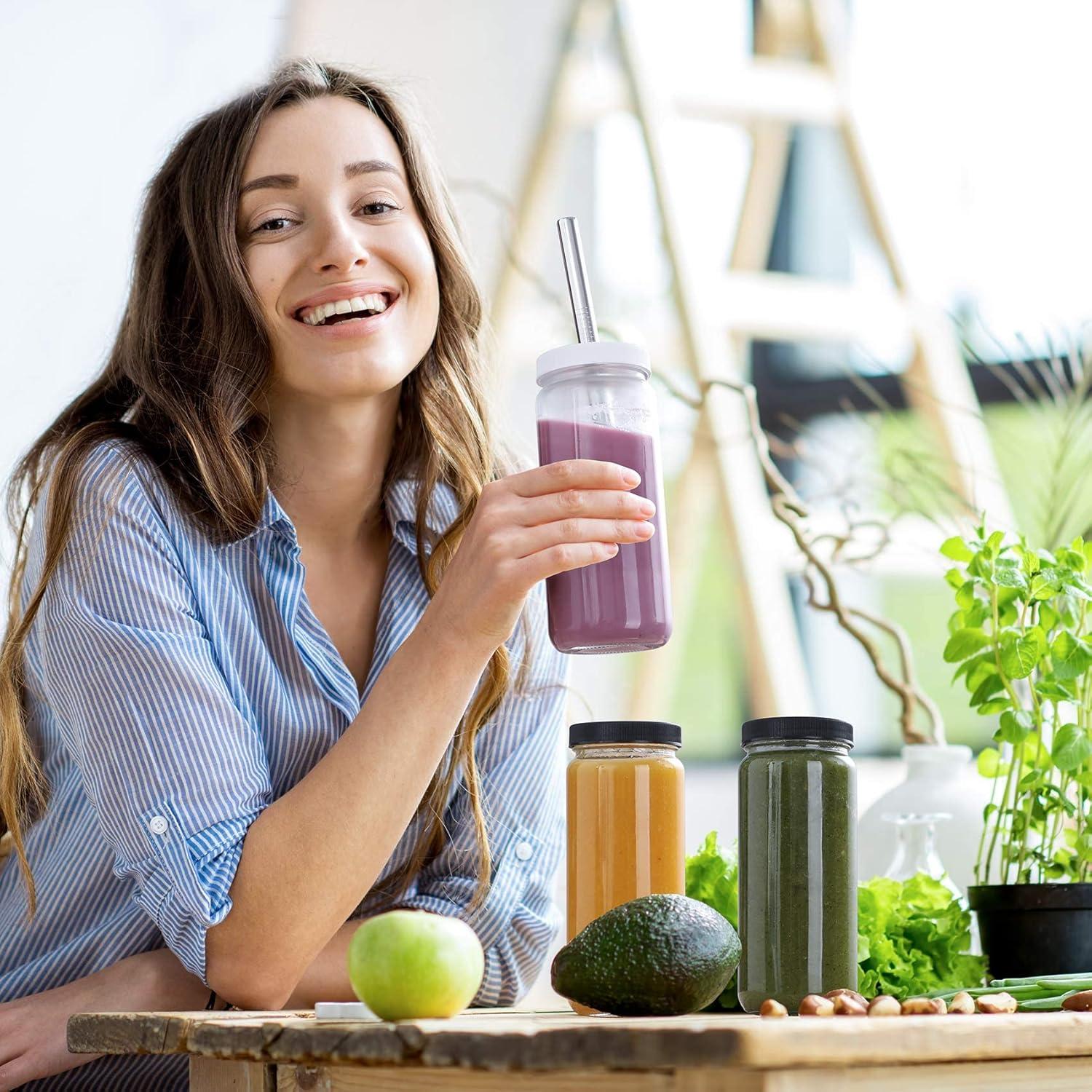 Pack de 8 Botellas de Vidrio AOZITA 16oz con Popotes y Tapas