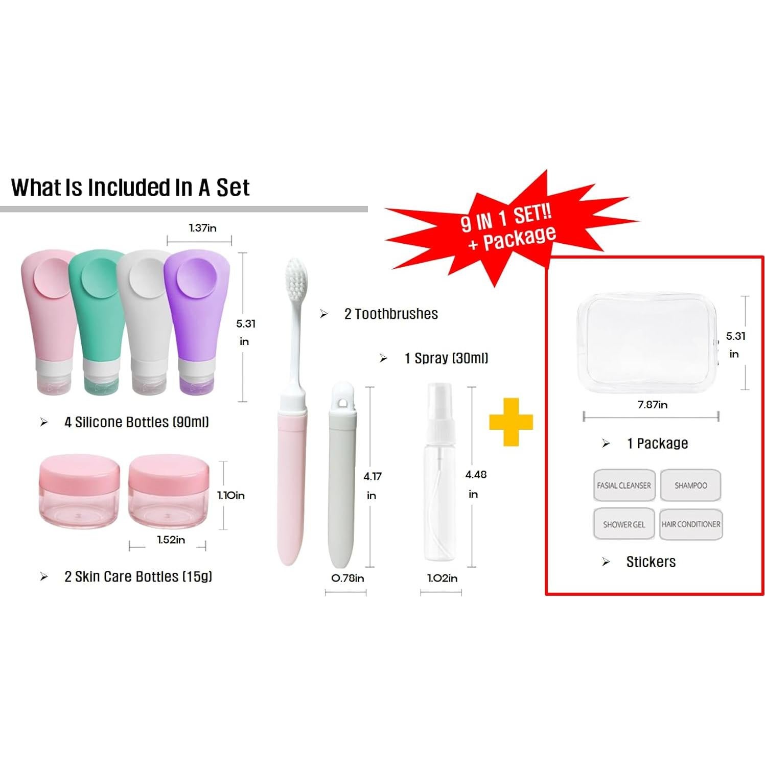 Juego de Botellas de Viaje Frachael 9 Piezas 85ml Silicona BPA Libre