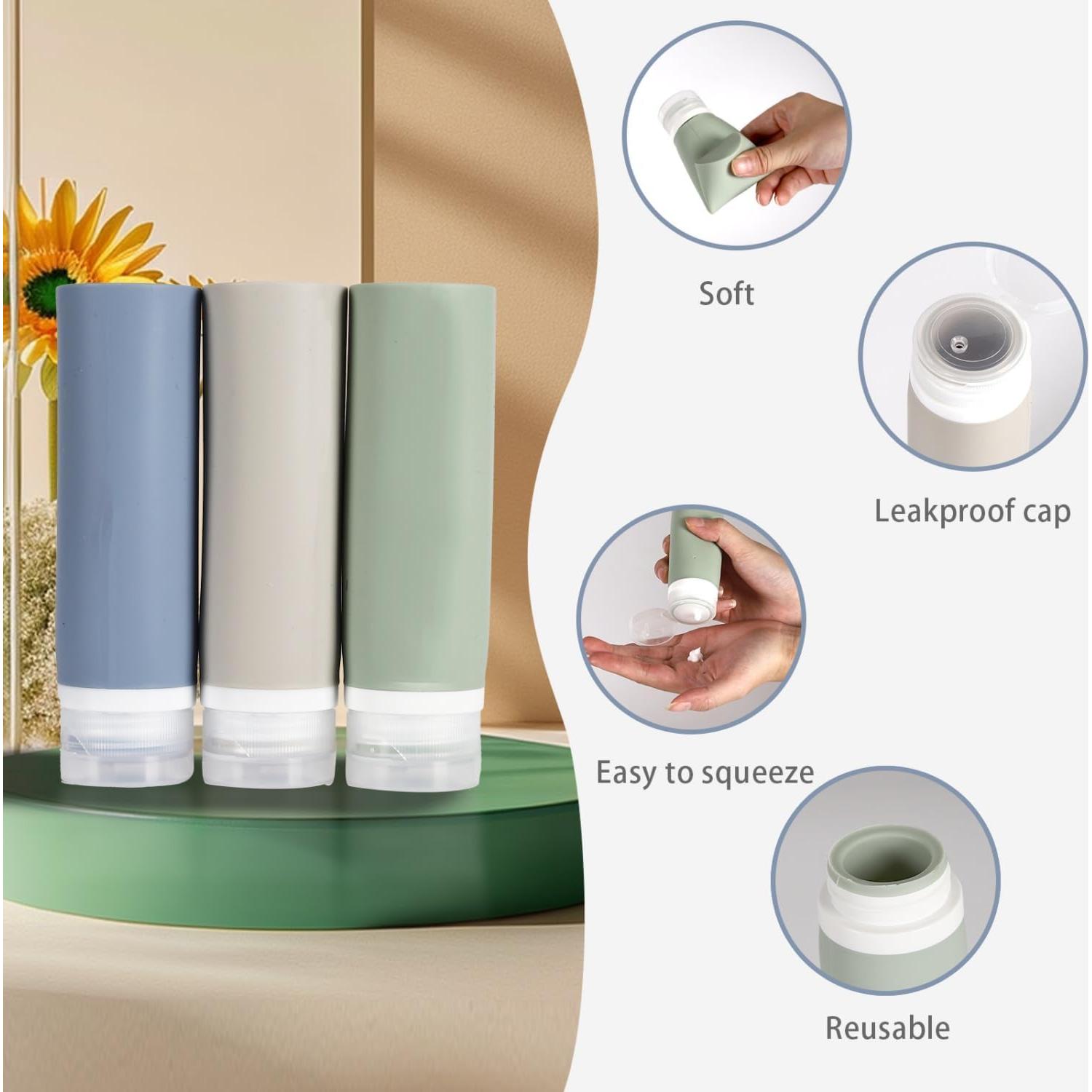 Juego de 3 Botellas de Viaje TYLEMAI 90ml Silicona Reutilizables