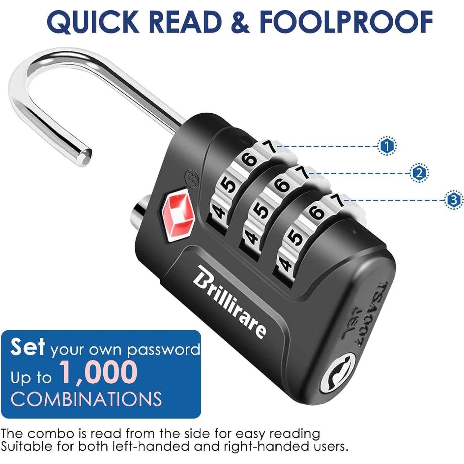 Paquete de 4 Candados de Combinación TSA Brillirare Negro