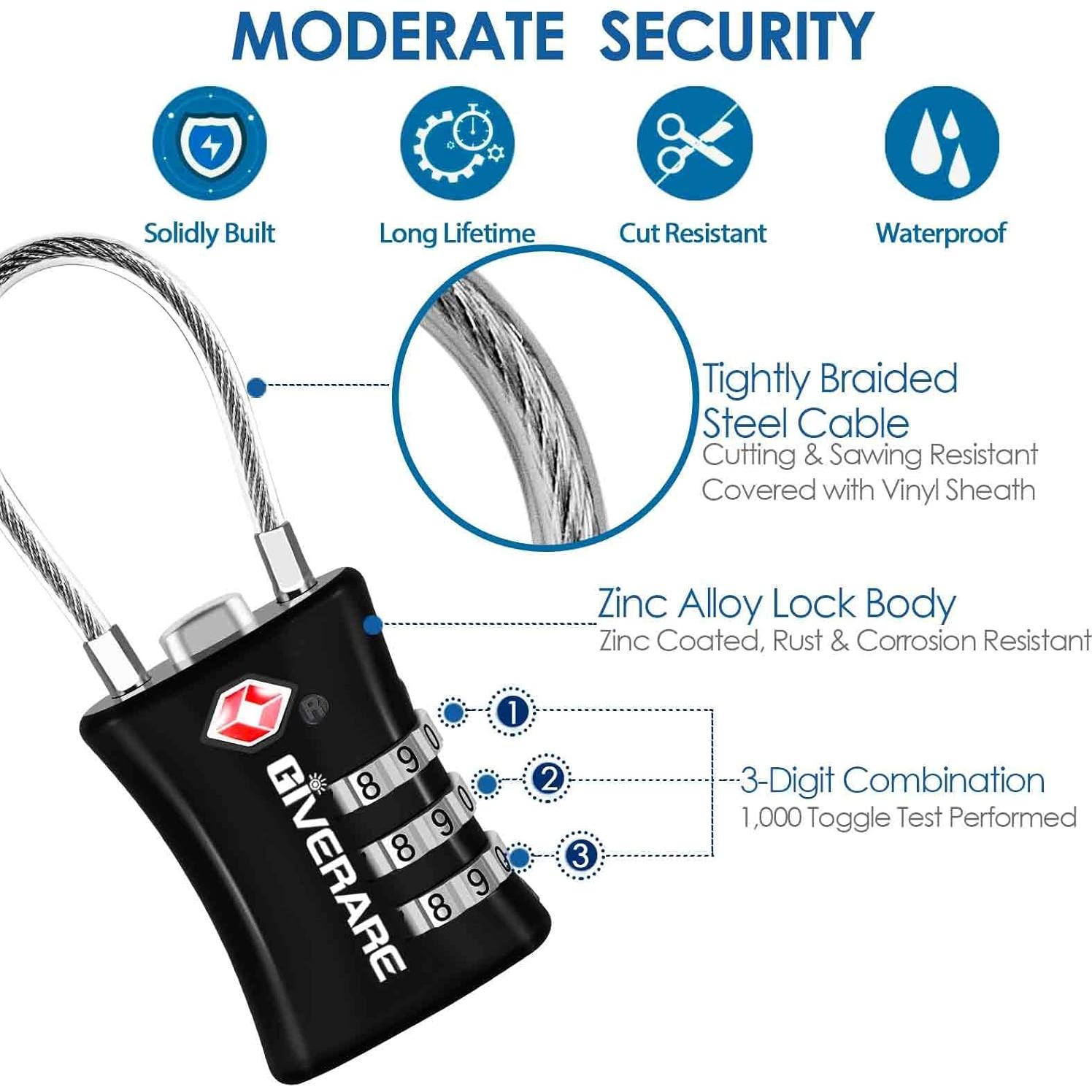 2 Candados de Equipaje TSA GIVERARE con Combinación 3 Dígitos