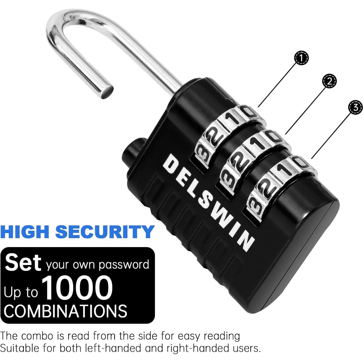 Candado de Combinación DELSWIN 3 Dígitos Negro - 4 Piezas