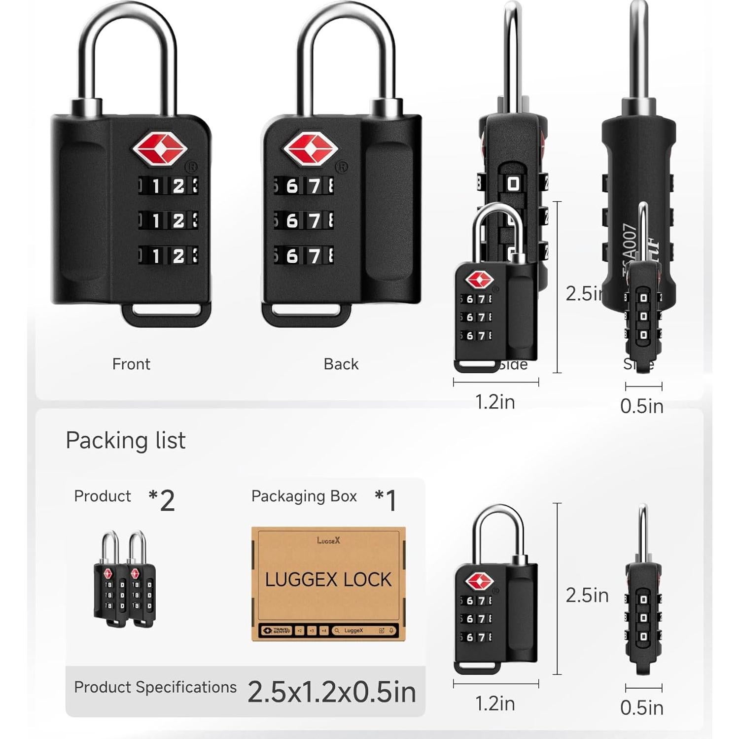 Candados de Equipaje LUGGEX TSA Aprobados - 2 Paquete Negro