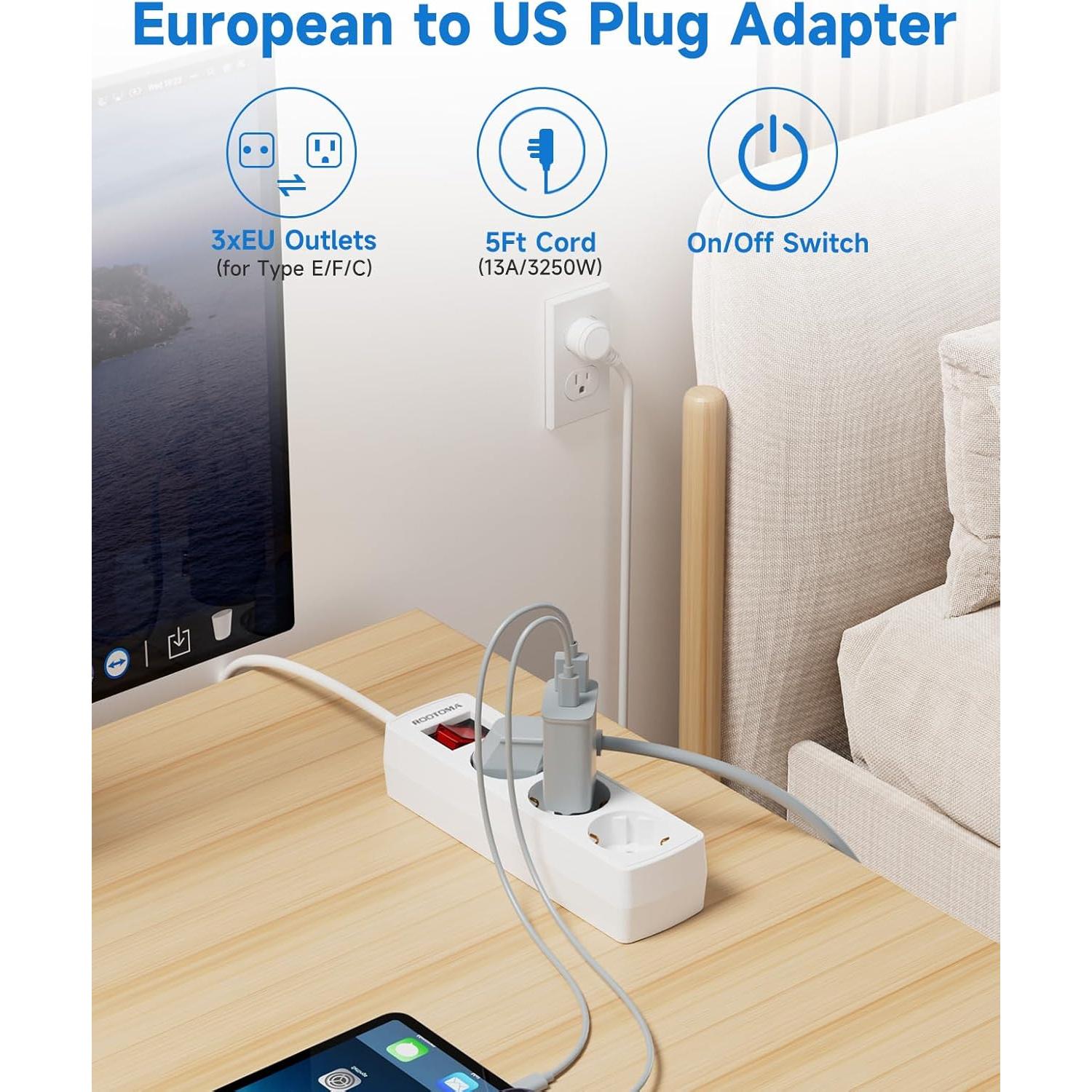 Adaptador de Enchufe UE a EE. UU. ROOTOMA 3 Salidas 1.52m