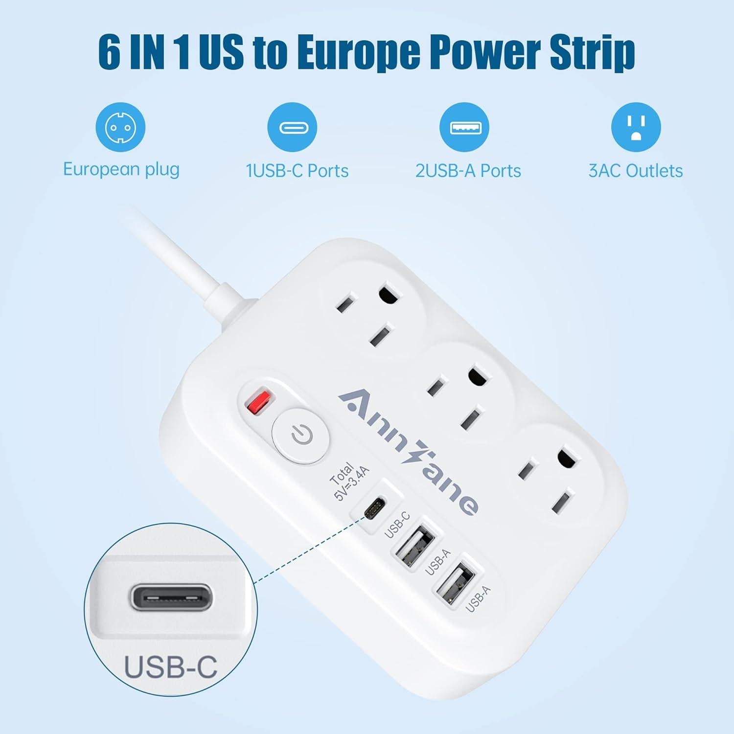Adaptador de enchufe de viaje 6 en 1 AnnTane con USB-C y 1.22 m