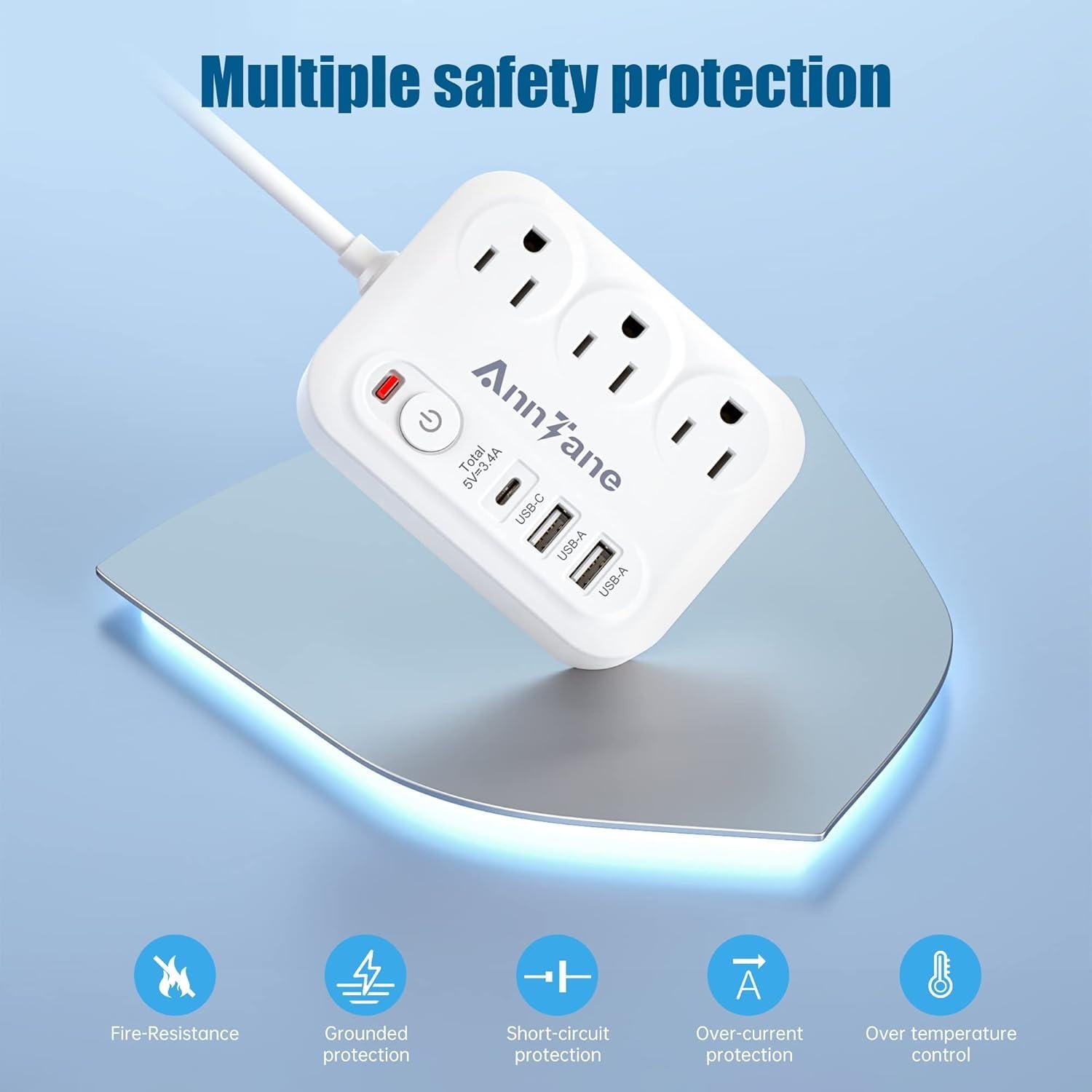 Adaptador de enchufe de viaje 6 en 1 AnnTane con USB-C y 1.22 m