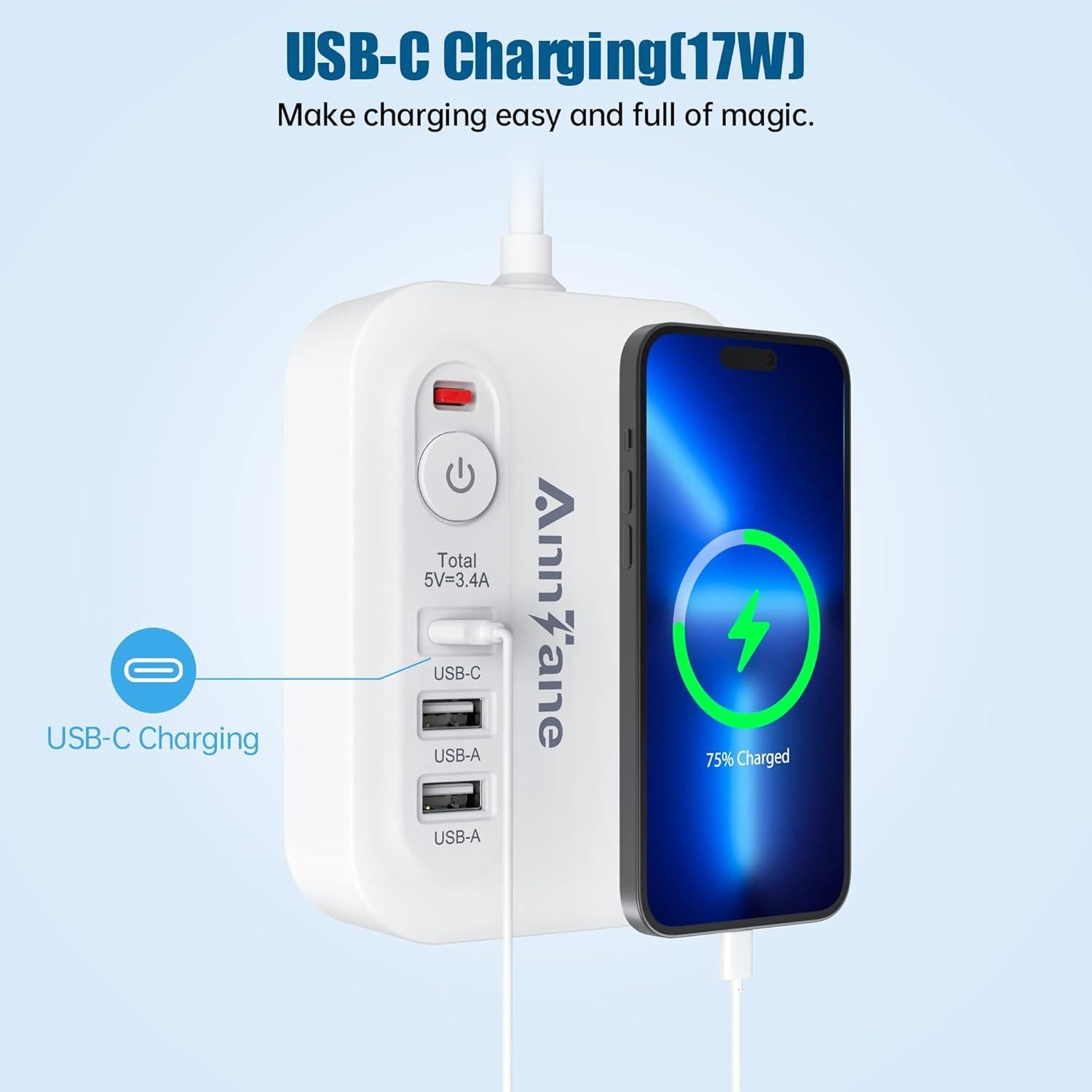 Adaptador de enchufe de viaje 6 en 1 AnnTane con USB-C y 1.22 m