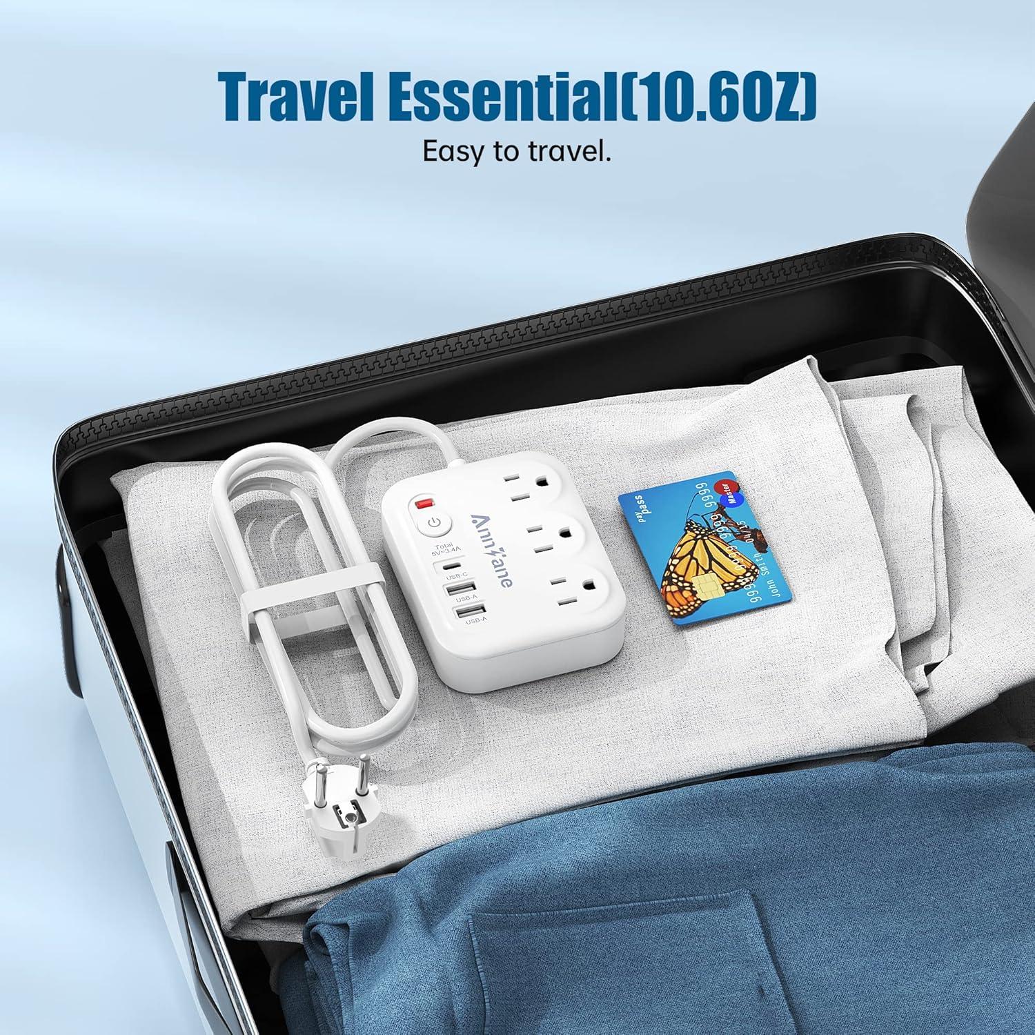 Adaptador de enchufe de viaje 6 en 1 AnnTane con USB-C y 1.22 m