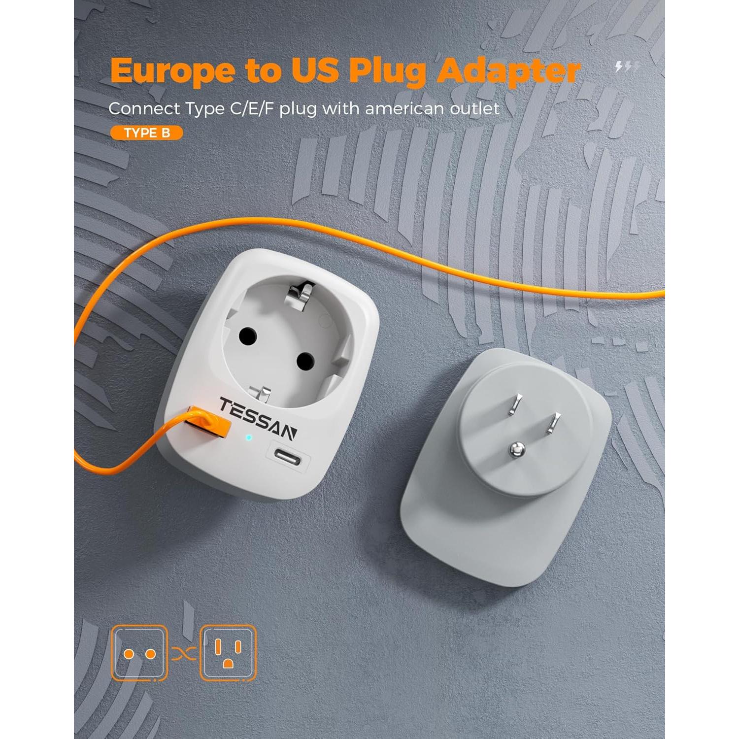 Adaptador de Enchufe de Europa a EE. UU. TESSAN 3 en 1 USB