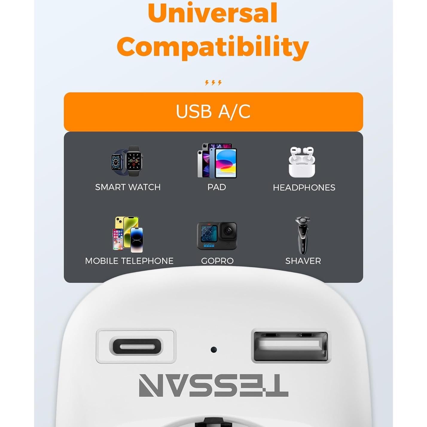 Adaptador de Enchufe de Europa a EE. UU. TESSAN 3 en 1 USB