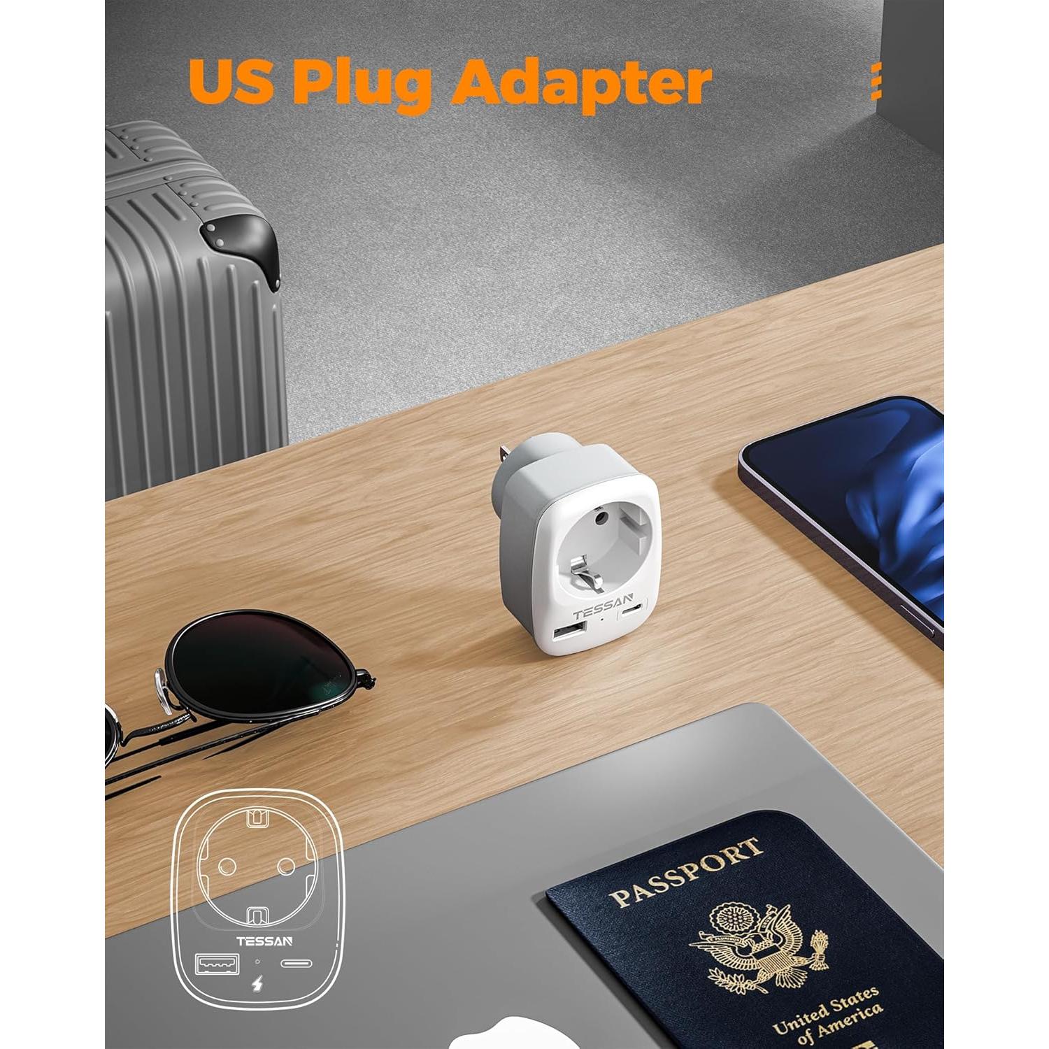 Adaptador de Enchufe de Europa a EE. UU. TESSAN 3 en 1 USB