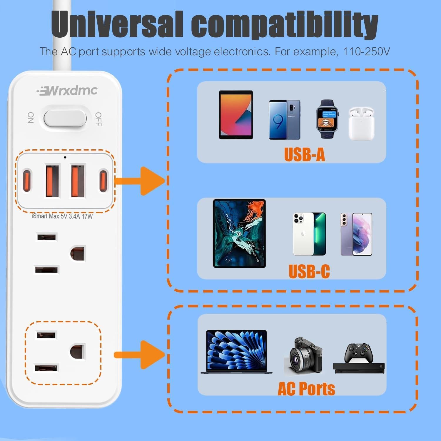 Adaptador de Enchufe de Viaje Universal WRXDMC 10-en-1 con 6 Salidas AC y 4 USB