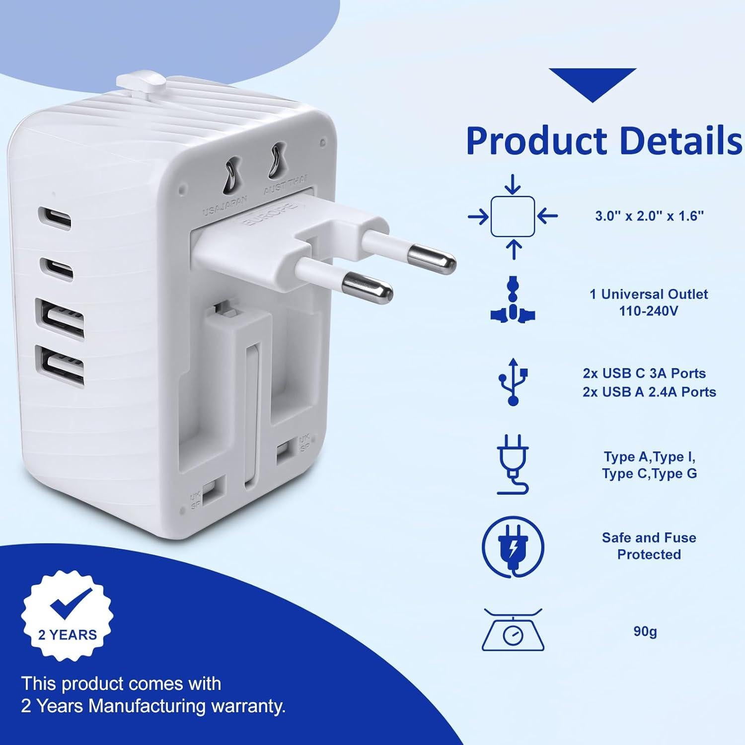 Adaptador de Viaje Universal Aukzily con 4 Enchufes y 4 Puertos USB