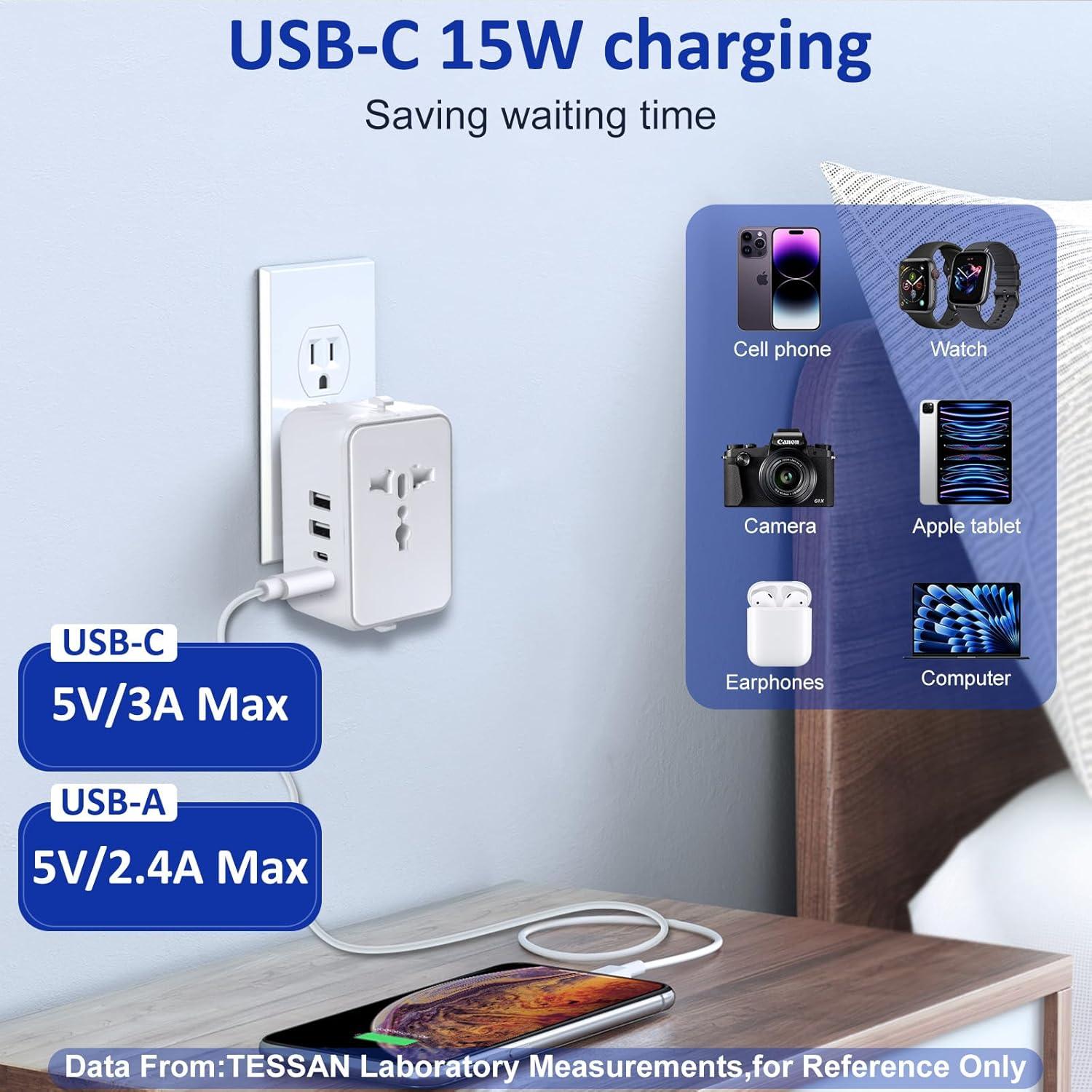 Adaptador de Viaje Universal Aukzily con 4 Enchufes y 4 Puertos USB