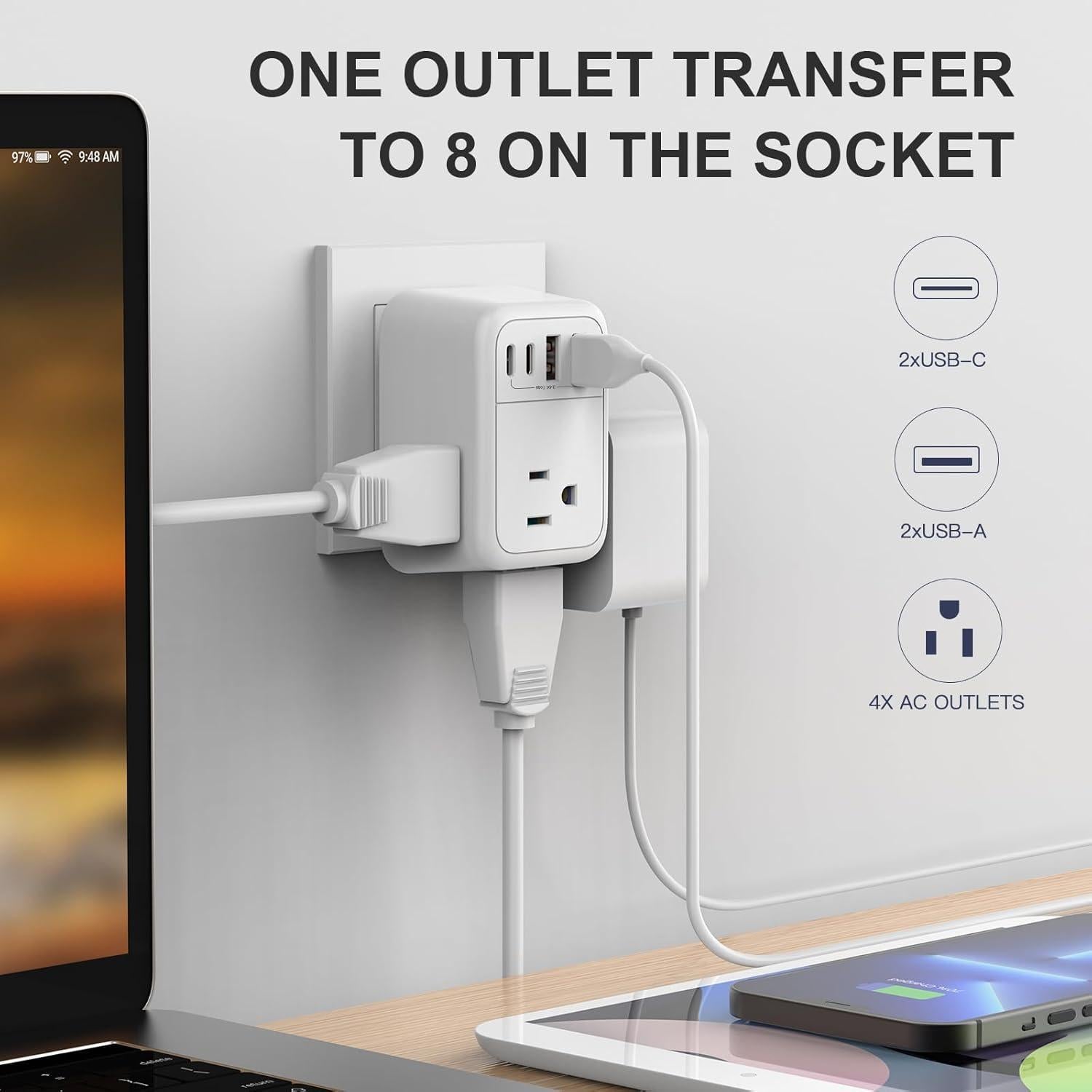 Adaptador de Enchufe de Viaje Ouli OL-519EU 8 en 1 USB C