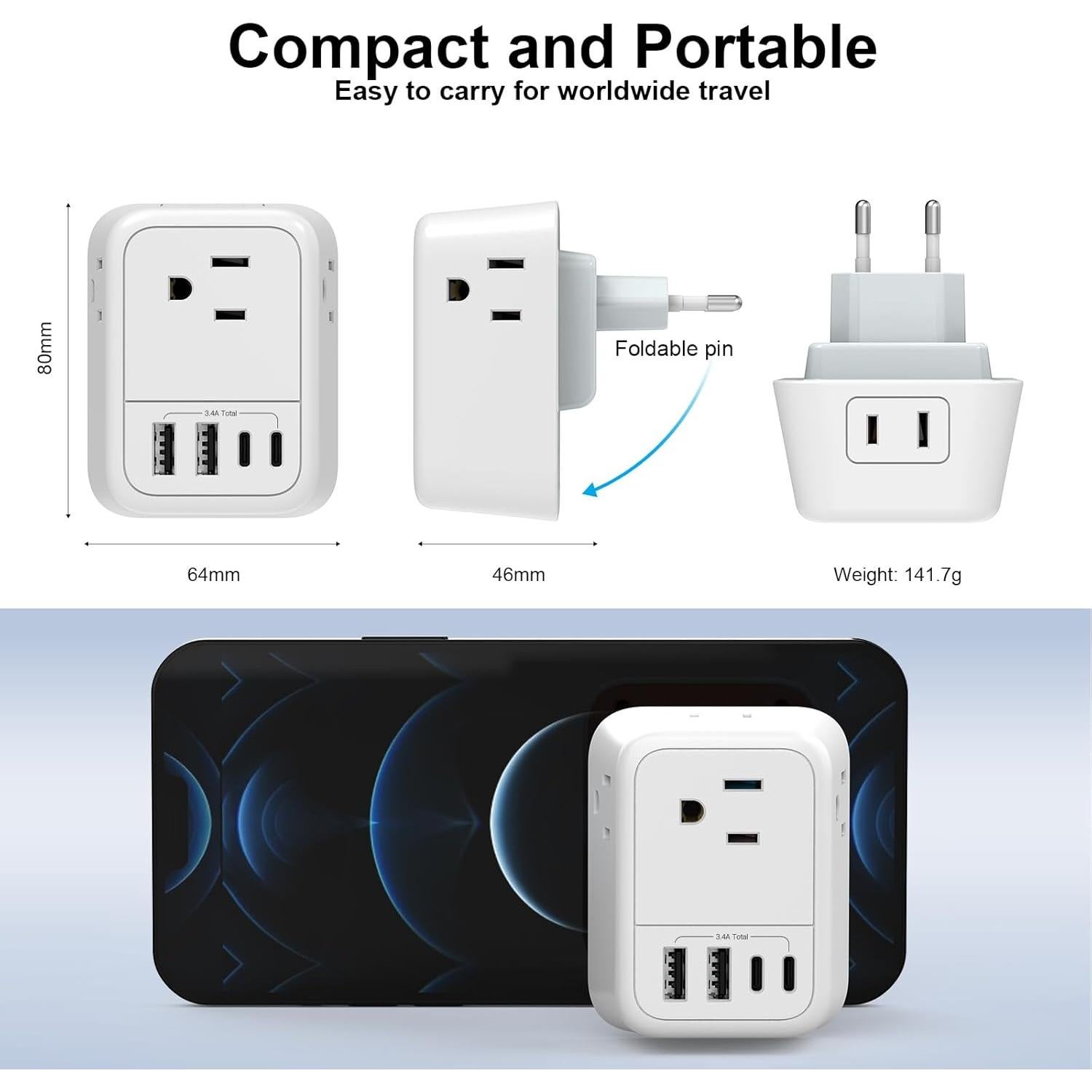 Adaptador de Enchufe de Viaje Ouli OL-519EU 8 en 1 USB C