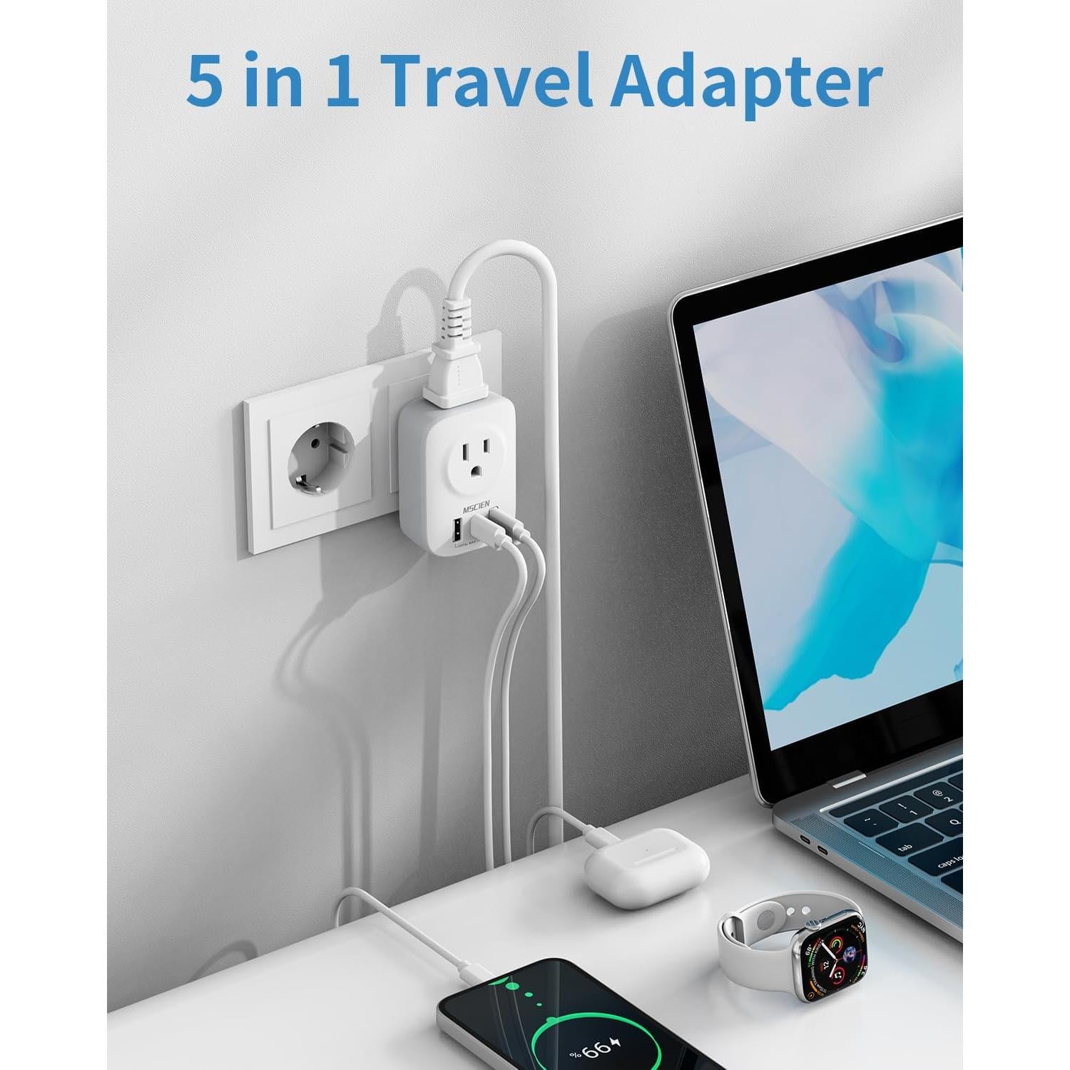 Adaptador de Enchufe de Viaje Mscien Tipo E/F 5 en 1 USB