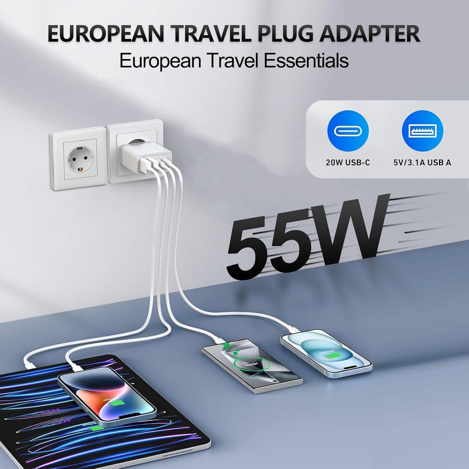 Adaptador de Enchufe de Viaje Europeo CARZONJX 55W USB C