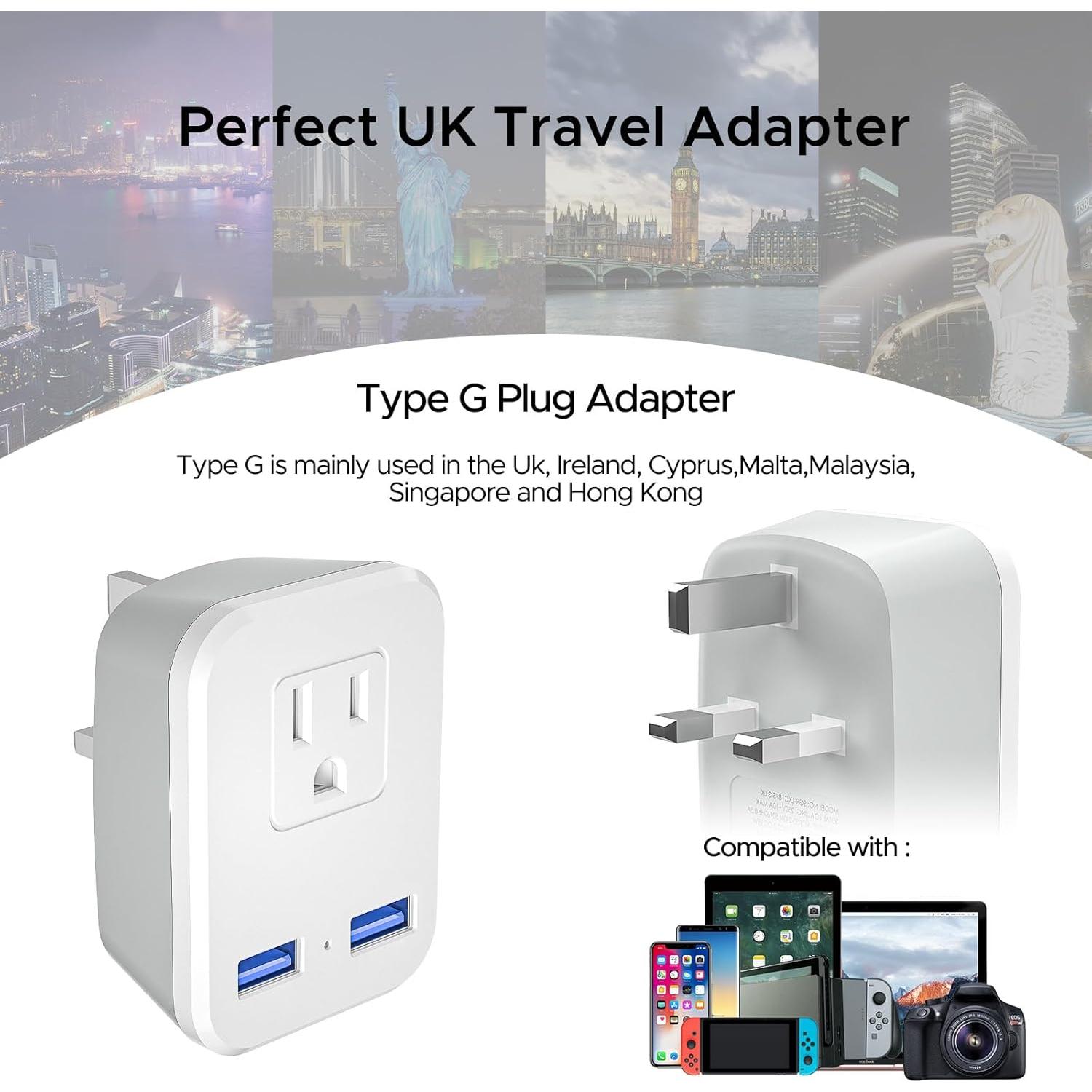 Adaptador de Enchufe Tipo G SOKOO con 2 USB - Viaje Reino Unido