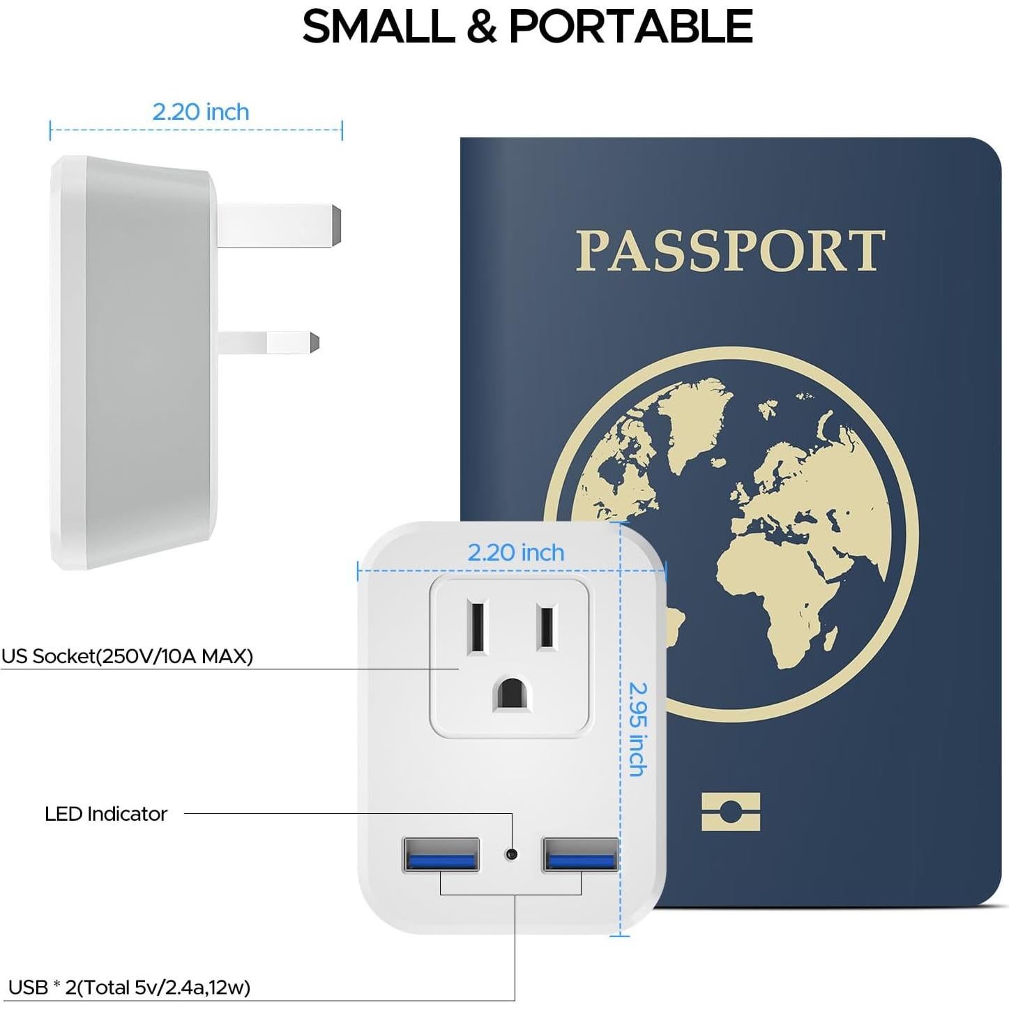 Adaptador de Enchufe Tipo G SOKOO con 2 USB - Viaje Reino Unido