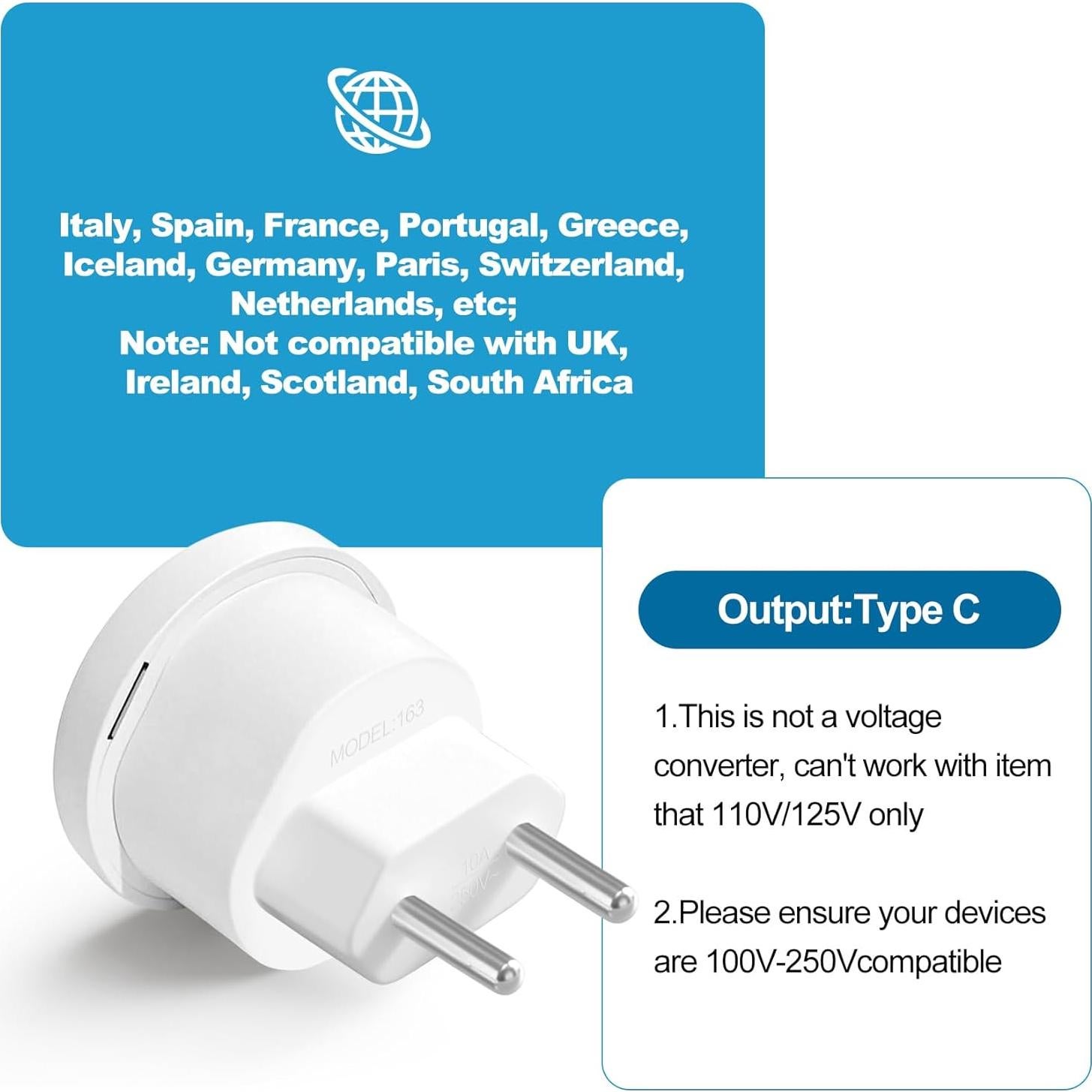 Adaptador de Enchufe de Viaje Europeo Ziissup Tipo C 3 Piezas