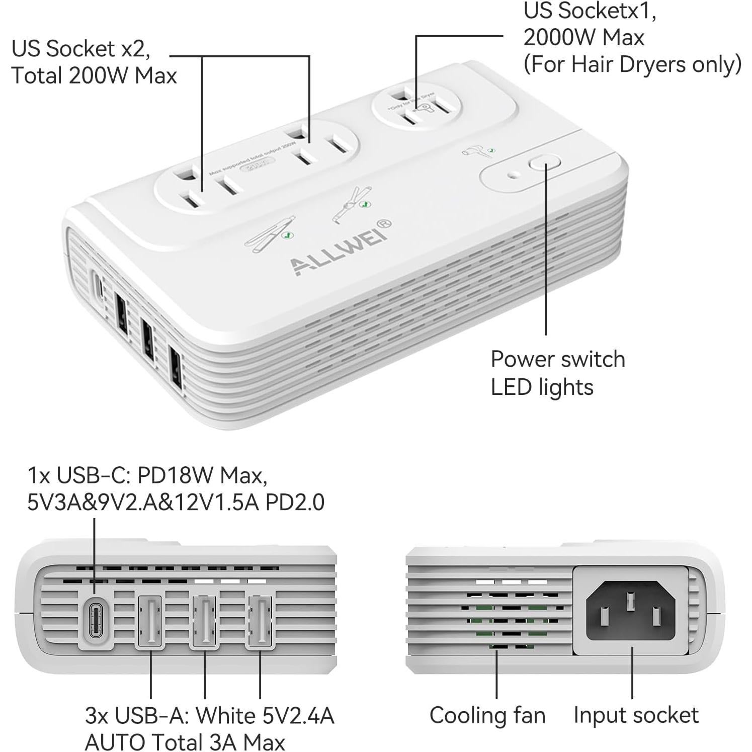 Convertidor de Voltaje ALLWEI 2000W 220V a 110V para Viajes