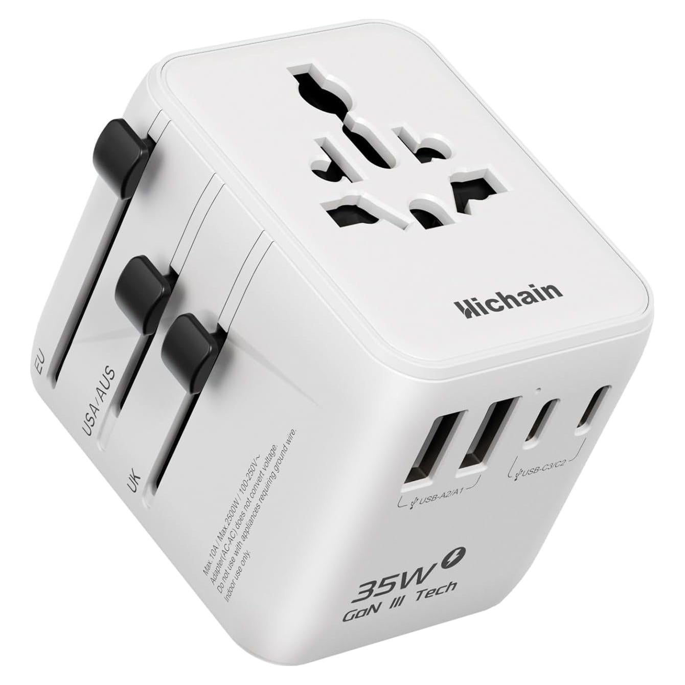 Adaptador de Viaje Universal Hichain 35W 7-en-1 Blanco
