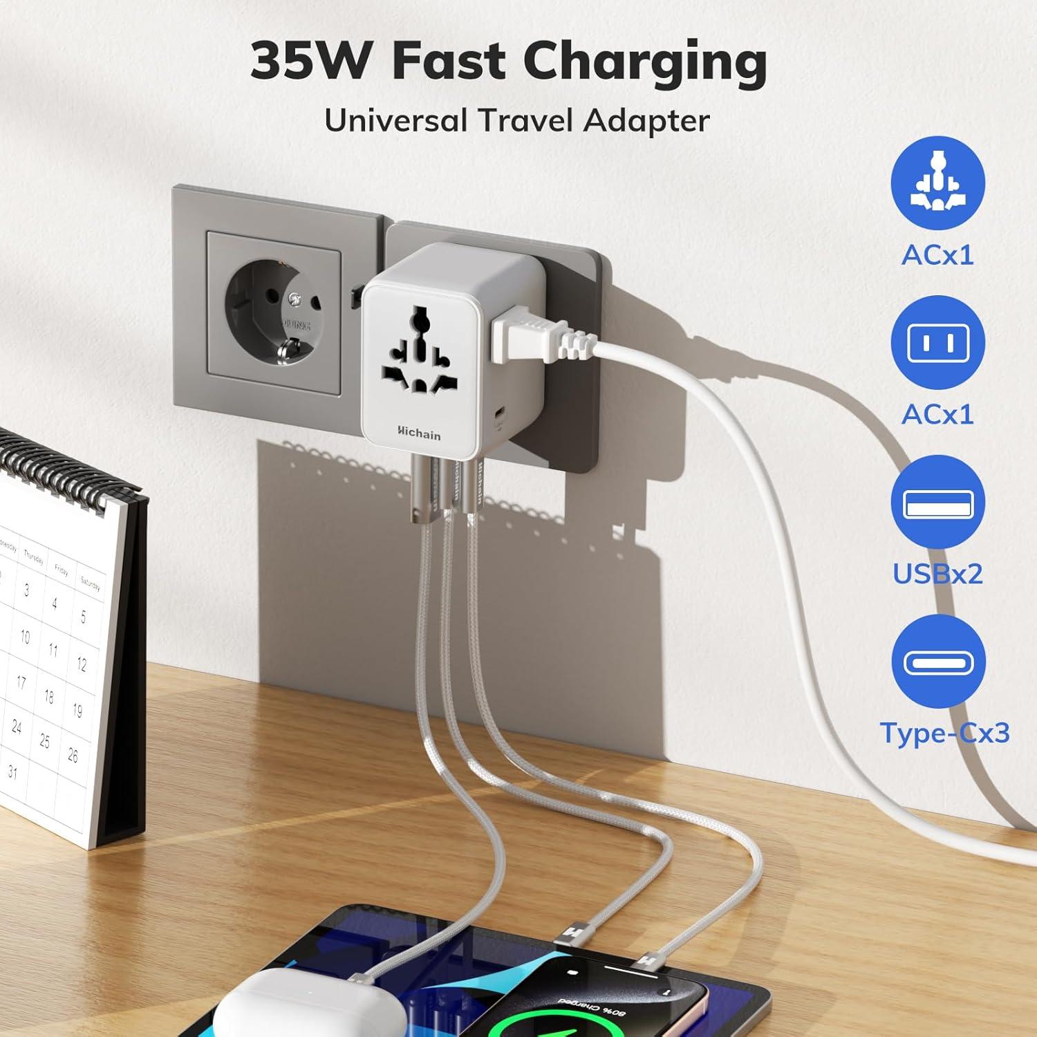 Adaptador de Viaje Universal Hichain 35W 7-en-1 Blanco