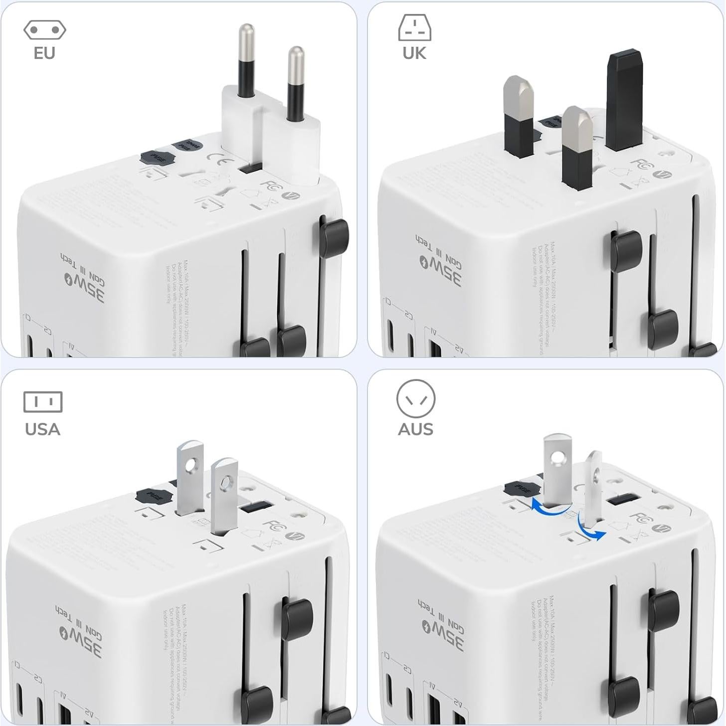 Adaptador de Viaje Universal Hichain 35W 7-en-1 Blanco