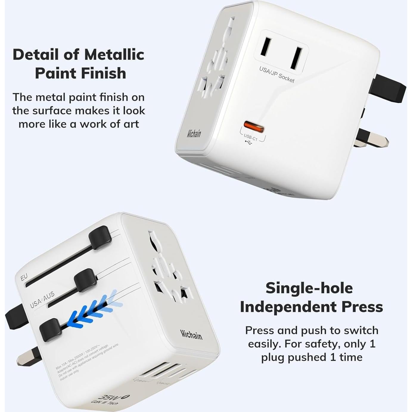 Adaptador de Viaje Universal Hichain 35W 7-en-1 Blanco