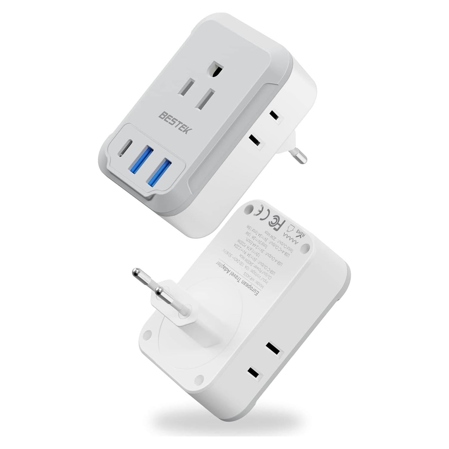 Adaptador de Enchufe de Viaje BESTEK 7 en 1 USB C Europa