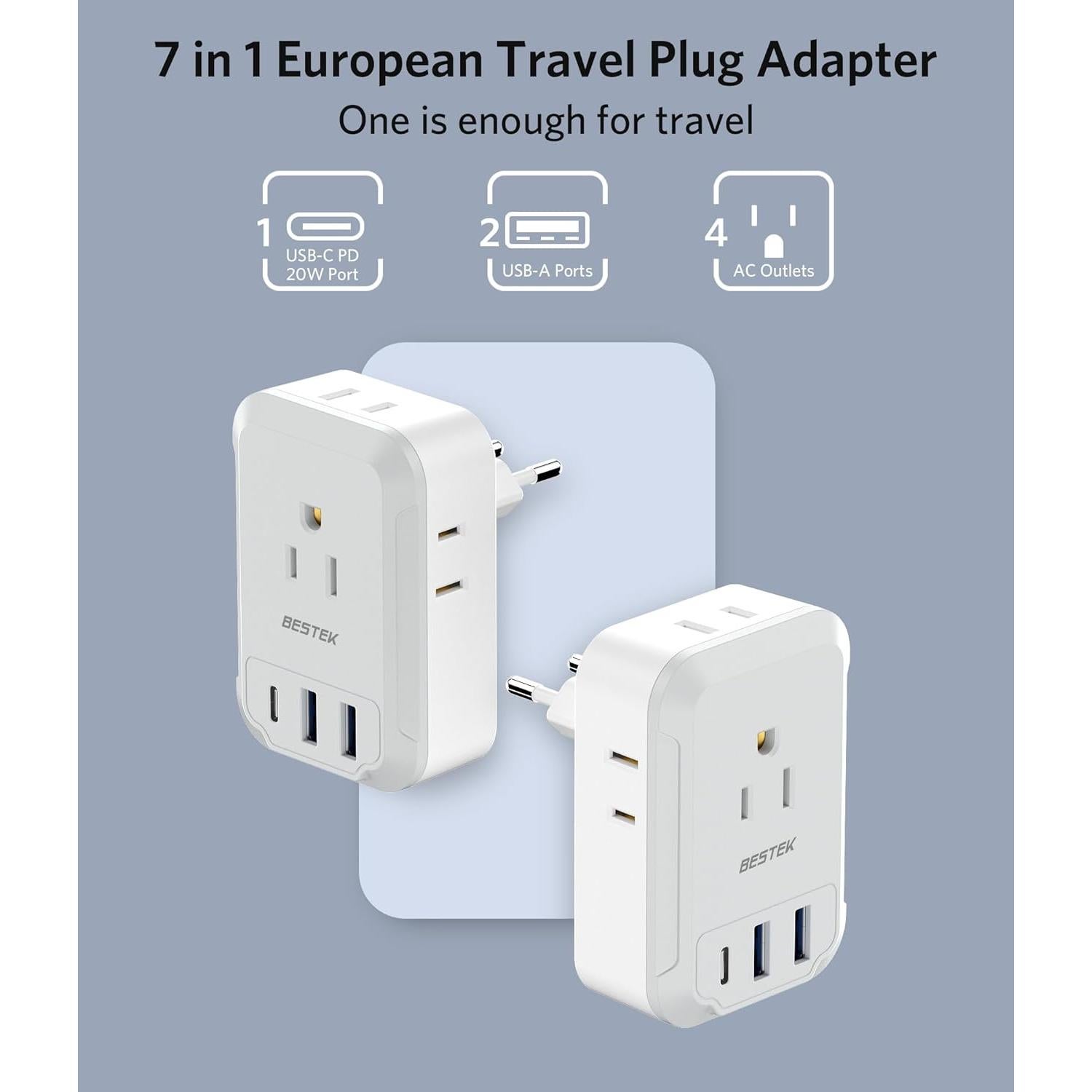 Adaptador de Enchufe de Viaje BESTEK 7 en 1 USB C Europa