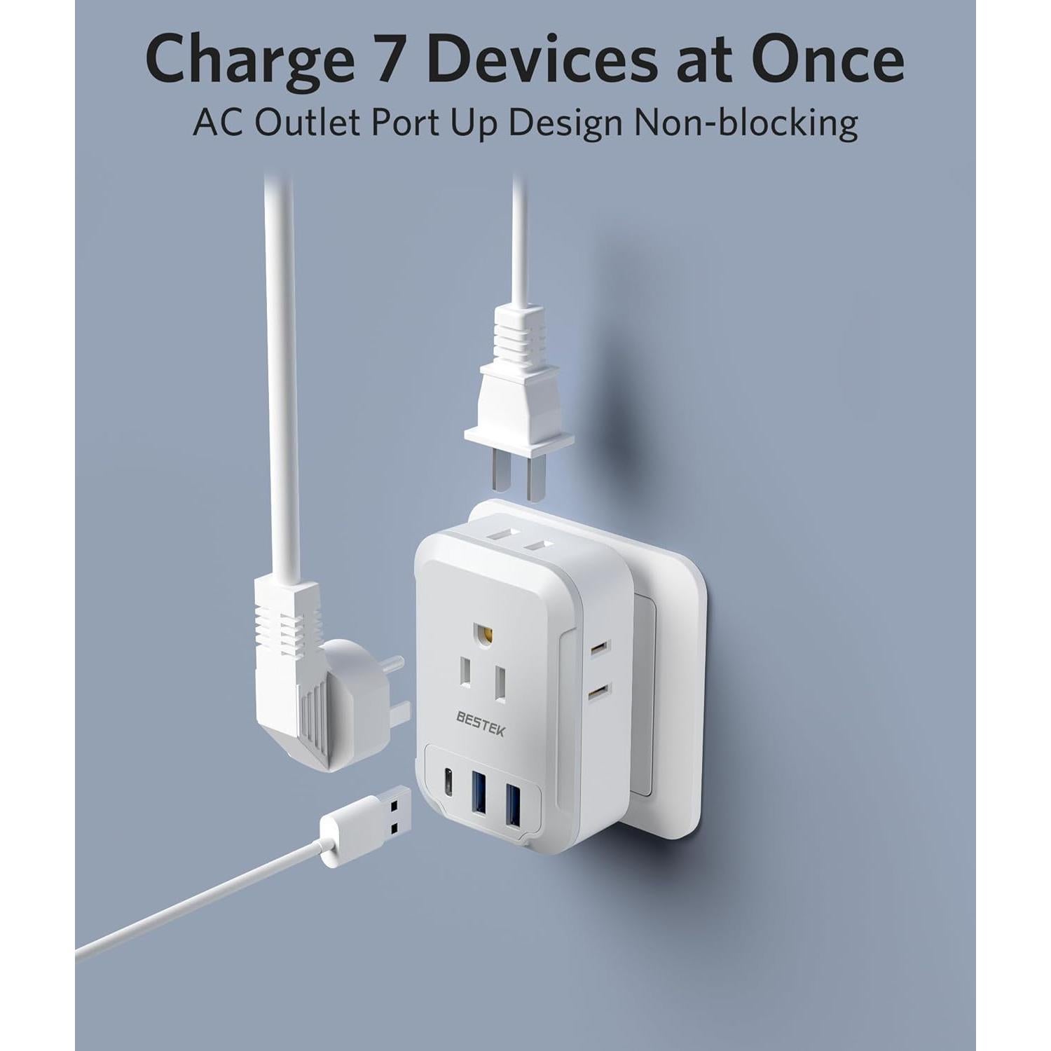 Adaptador de Enchufe de Viaje BESTEK 7 en 1 USB C Europa