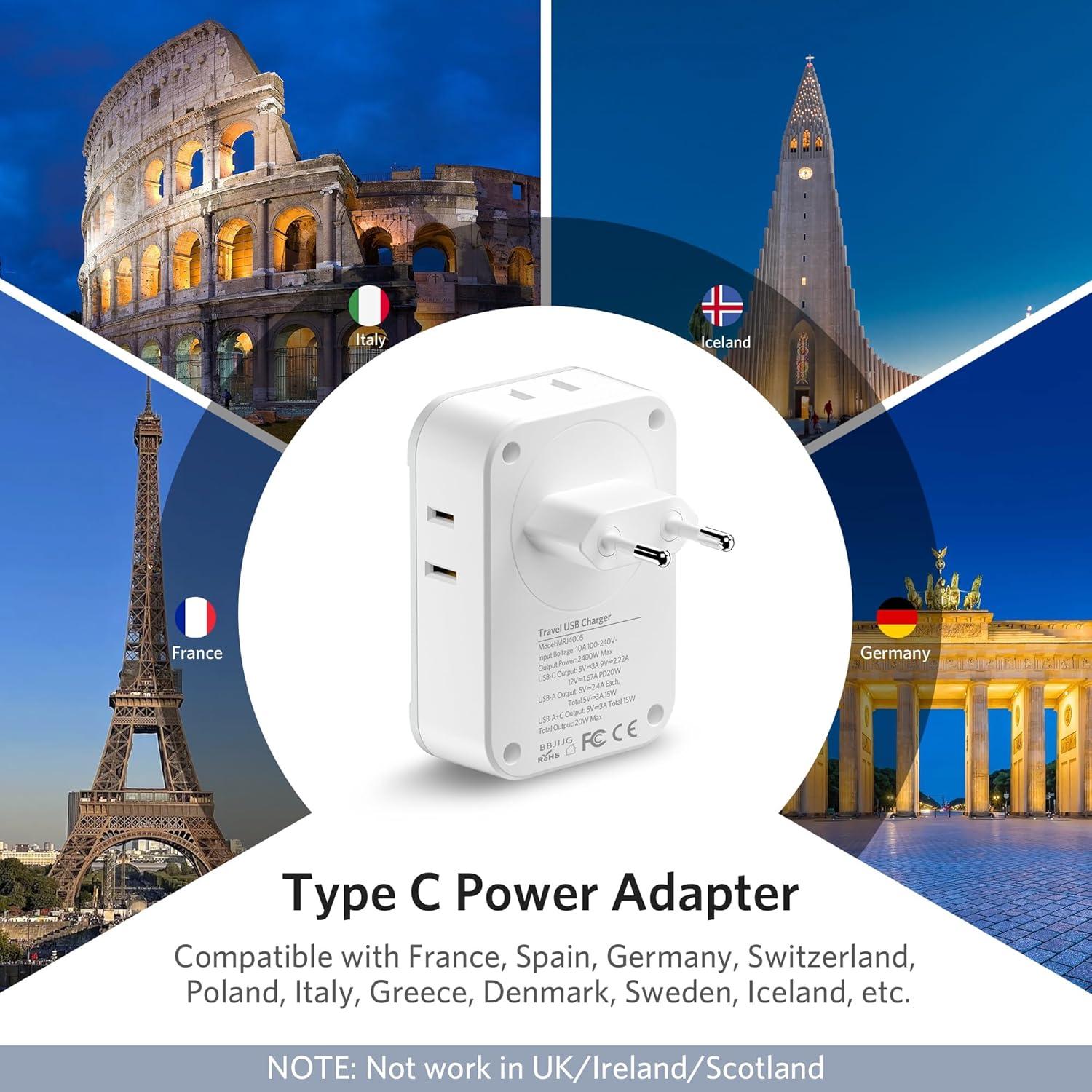 Adaptador de Enchufe de Viaje BESTEK 7 en 1 USB C Europa