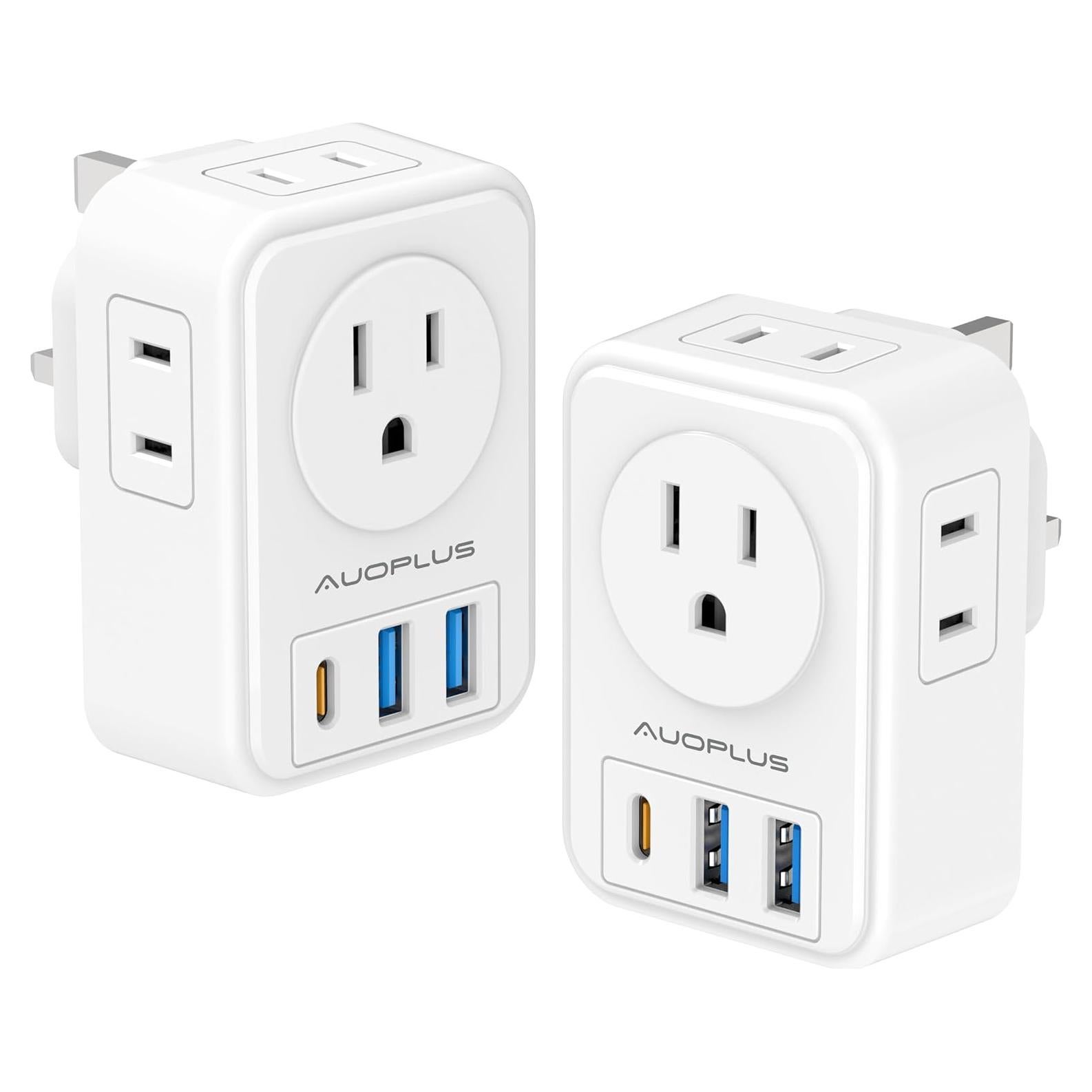 Adaptador de Enchufe Tipo G AUOPLUS 2 Paquete con 4 Salidas y 3 USB