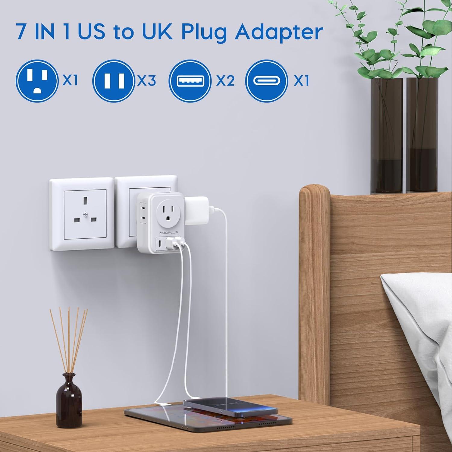 Adaptador de Enchufe Tipo G AUOPLUS 2 Paquete con 4 Salidas y 3 USB