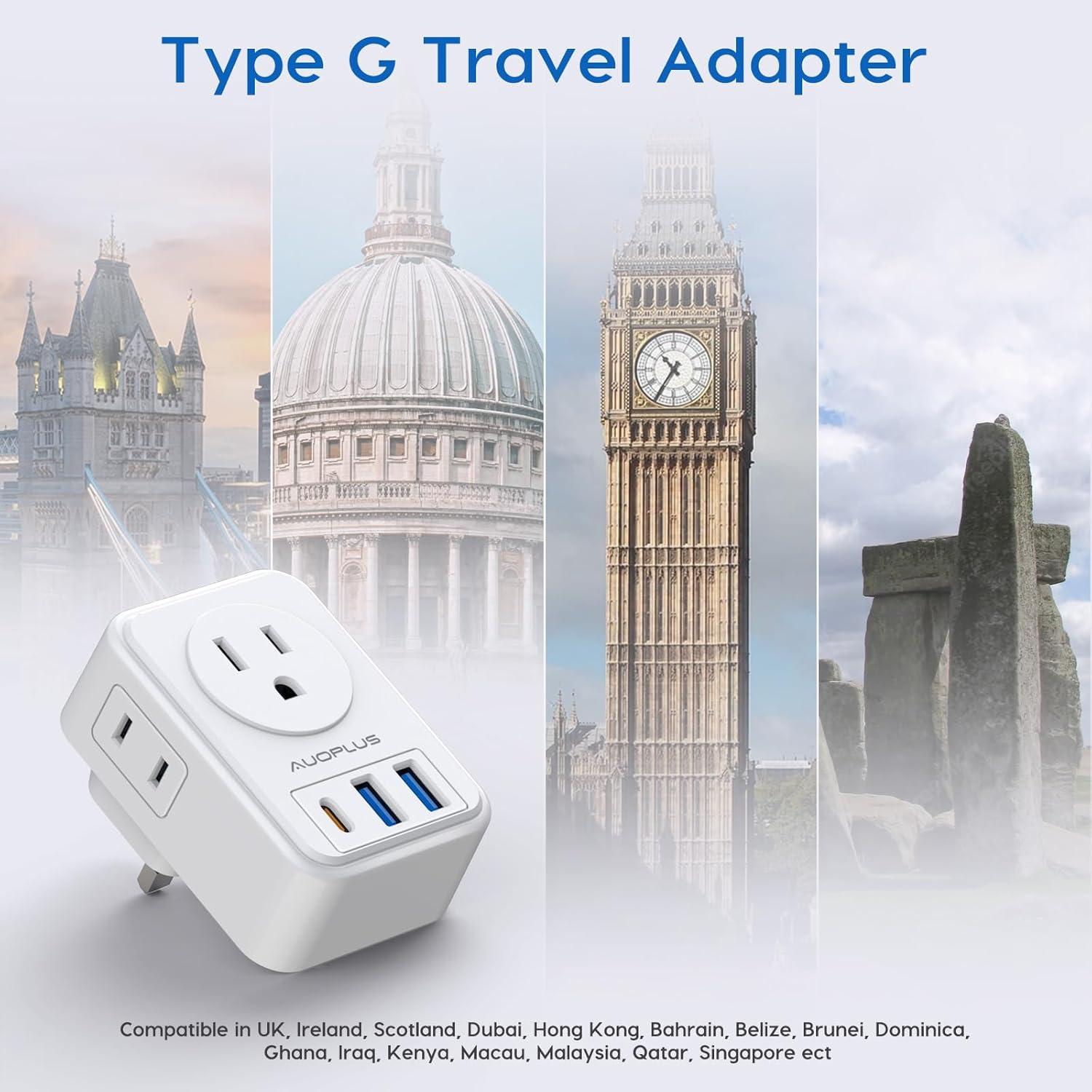 Adaptador de Enchufe Tipo G AUOPLUS 2 Paquete con 4 Salidas y 3 USB