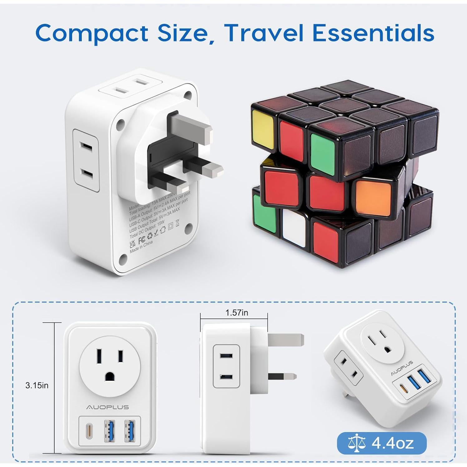 Adaptador de Enchufe Tipo G AUOPLUS 2 Paquete con 4 Salidas y 3 USB