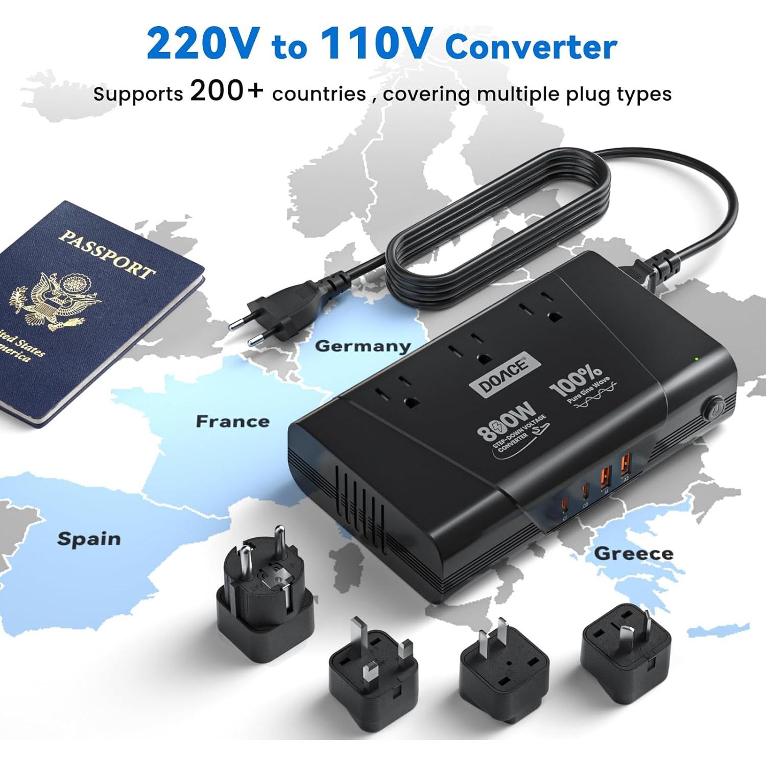 DOACE Adaptador de Viaje Universal 800W 220V a 110V Onda Sinusoidal