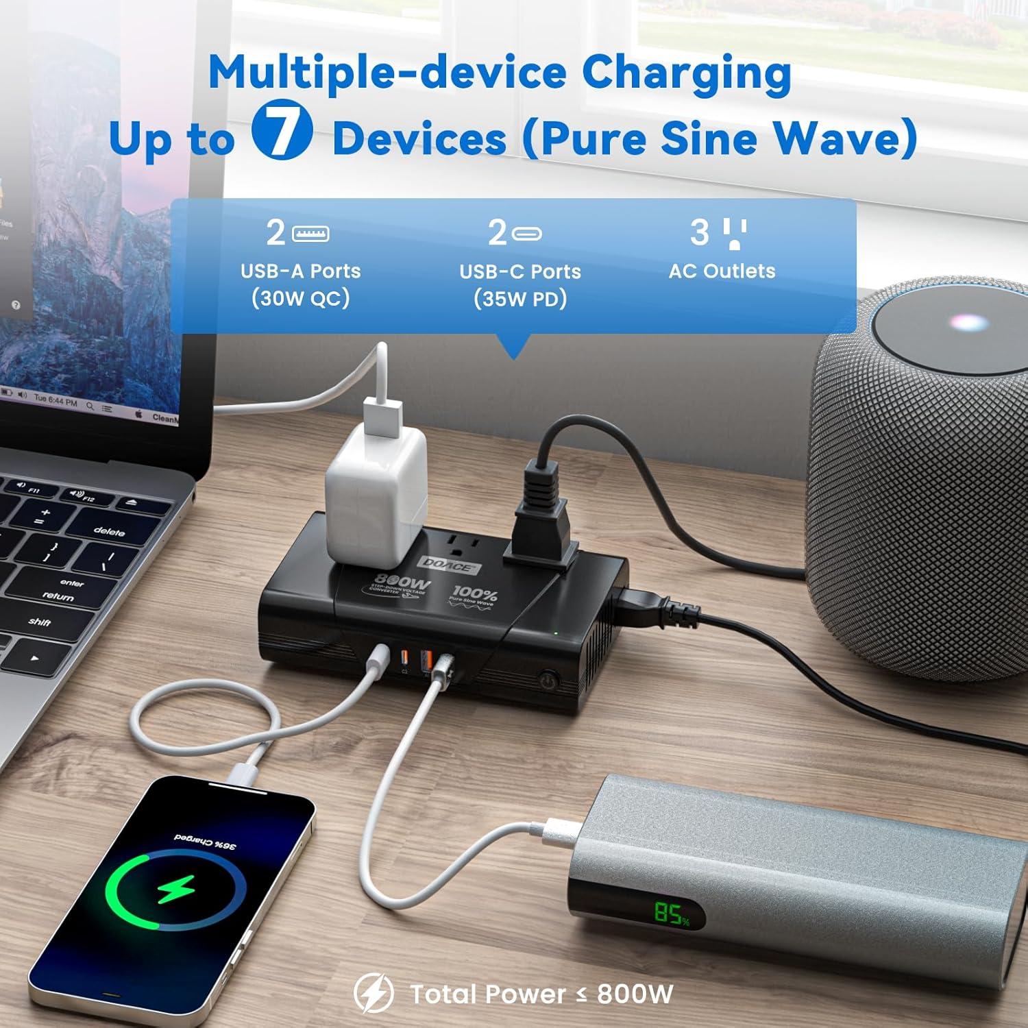 DOACE Adaptador de Viaje Universal 800W 220V a 110V Onda Sinusoidal