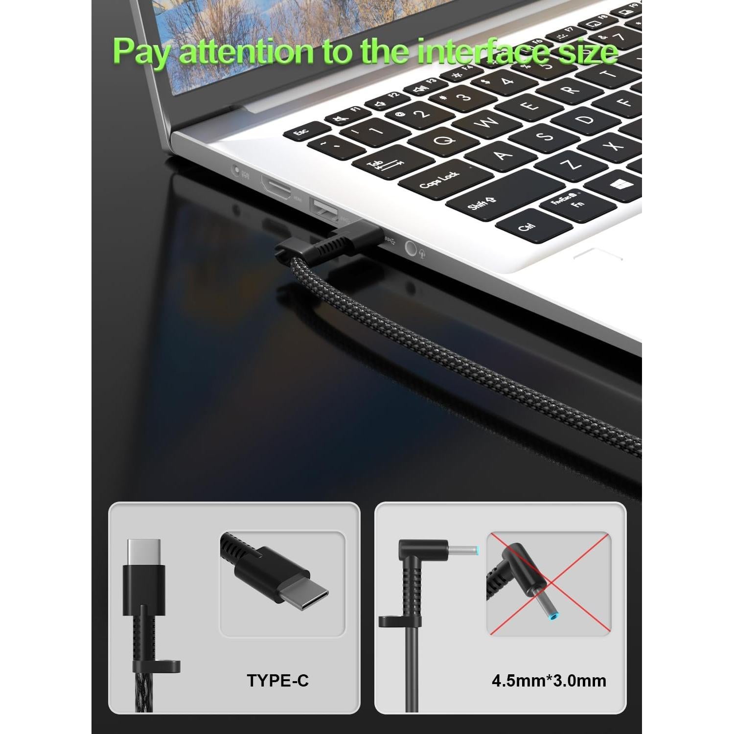 Slim 65W USB-C Charger Compatible with HP Elitebook, Spectre, Envy, ProBook, Pavilion, Fortis, OmniBook,ZBook Firefly, Elite x2, Chromebook X360 Laptop Travel Fast Charging Adapter