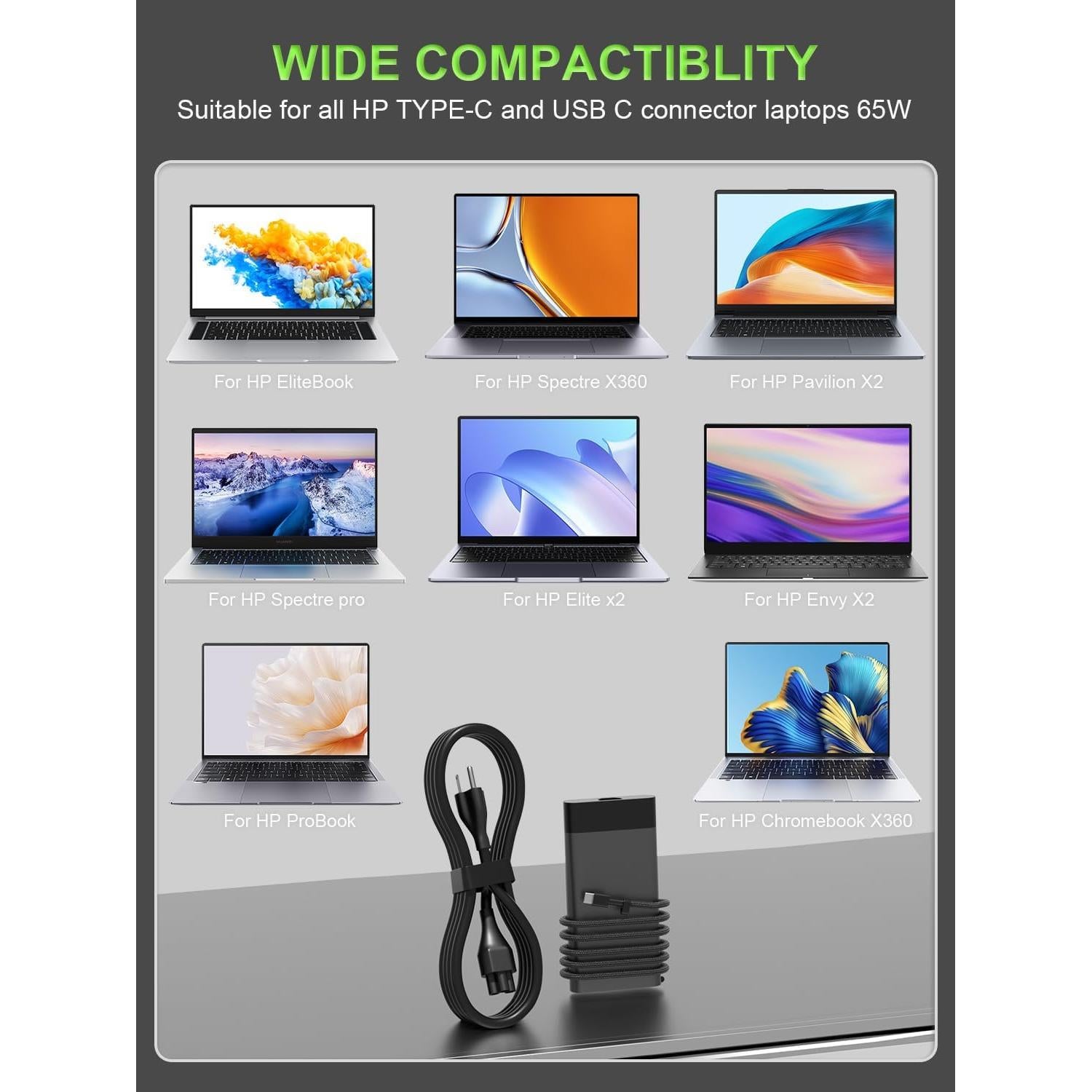 Slim 65W USB-C Charger Compatible with HP Elitebook, Spectre, Envy, ProBook, Pavilion, Fortis, OmniBook,ZBook Firefly, Elite x2, Chromebook X360 Laptop Travel Fast Charging Adapter