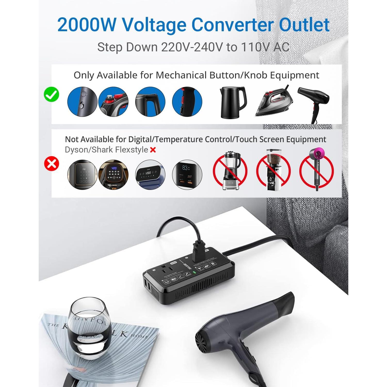 Convertidor de Voltaje 2000W BESTEK 220V a 110V con USB
