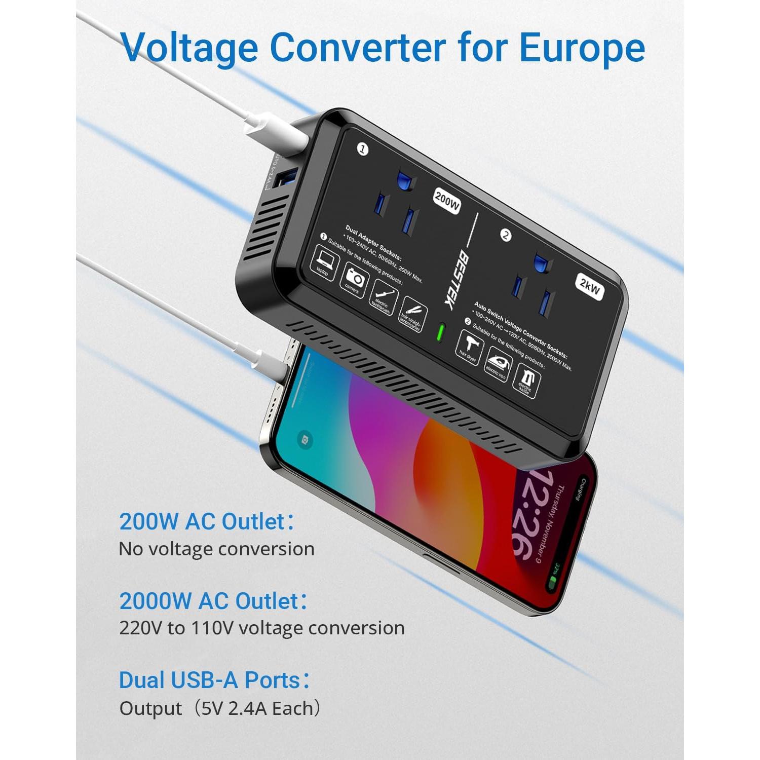 Convertidor de Voltaje 2000W BESTEK 220V a 110V con USB