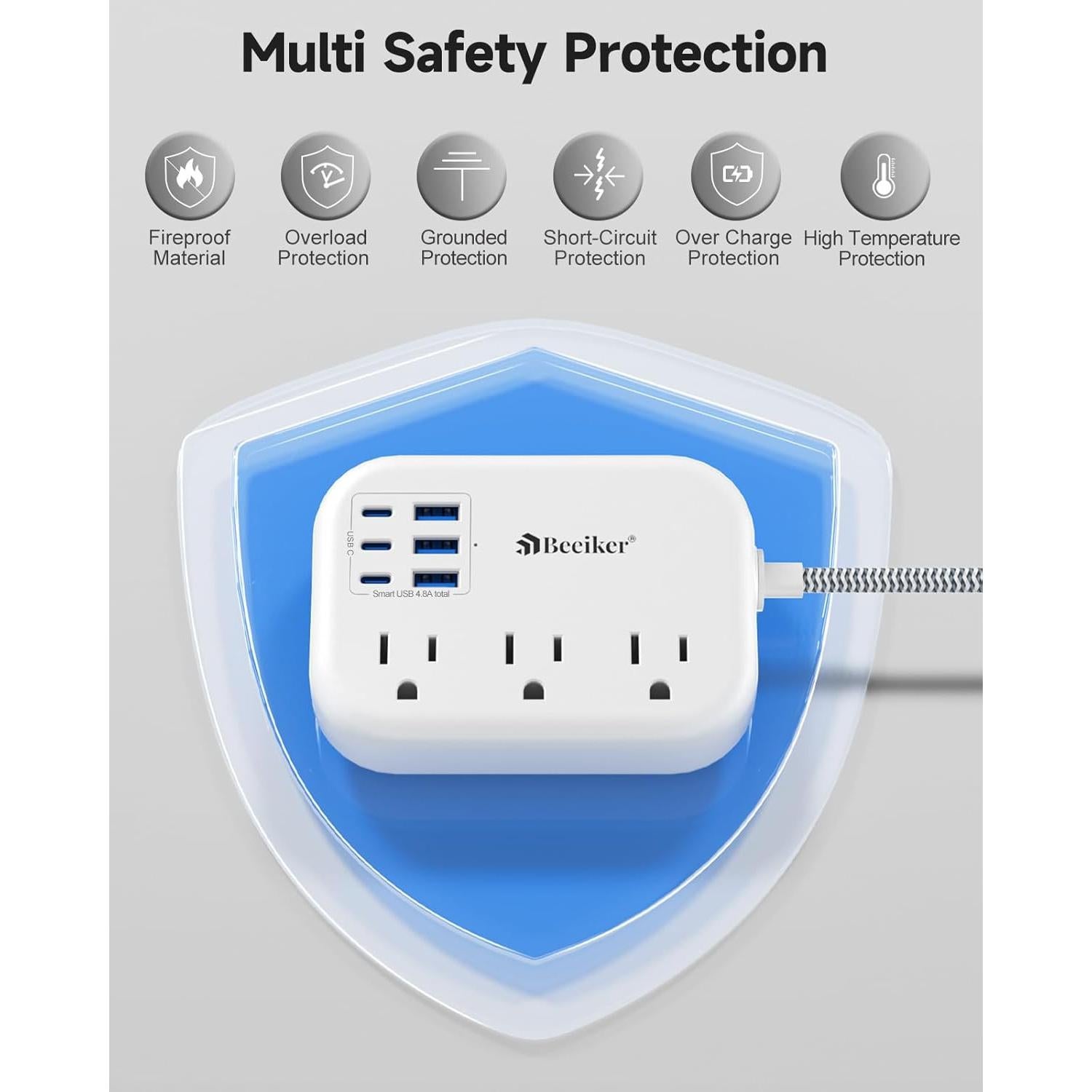 Regleta de Carga BEEIKER 6 USB (3 USB C) 24W 5ft Viaje